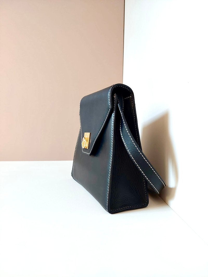 CELINE rare black gold buckle outer seam leather small Kelly shoulder bag / crossbody bag