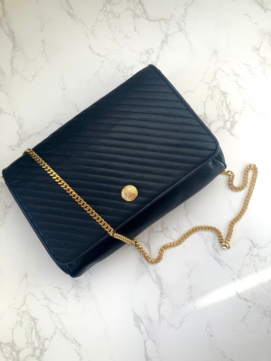 CELINE Rare Triomphe Gold Coin Black Leather Chain Crossbody Bag