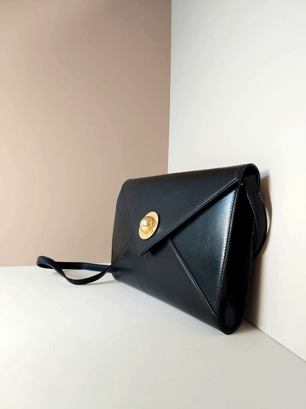 CELINE Planet Black Gold Leather Envelope Side Bag / Crossbody Bag