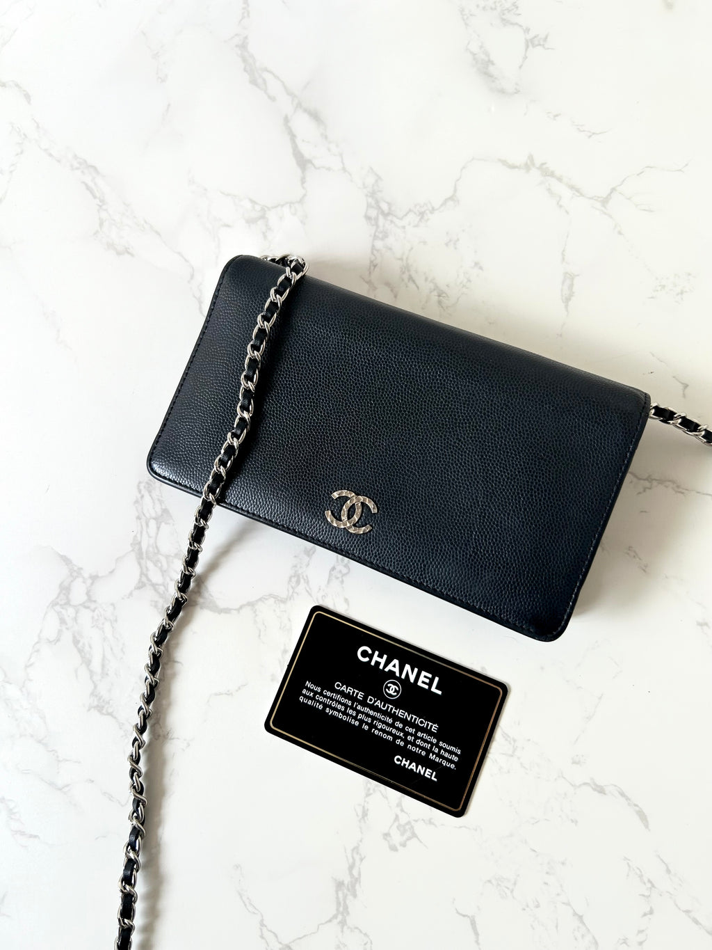 CHANEL 黑色魚子醬牛皮革WOC長錢包/側背包/斜背包