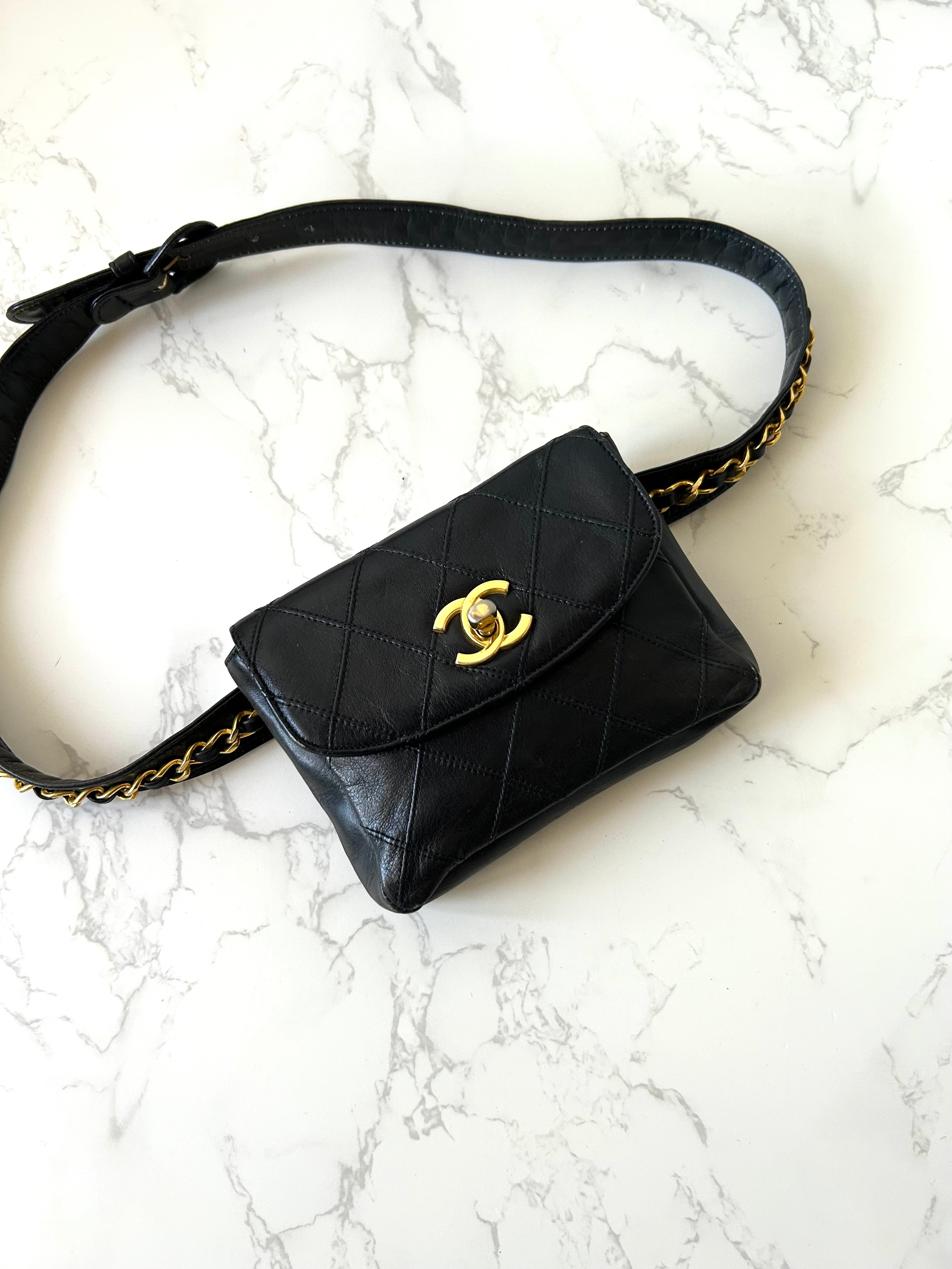 Rare CHANEL Matelassé Black Leather Gold Rotating Buckle Crossbody/Belt Bag/Shoulder Bag
