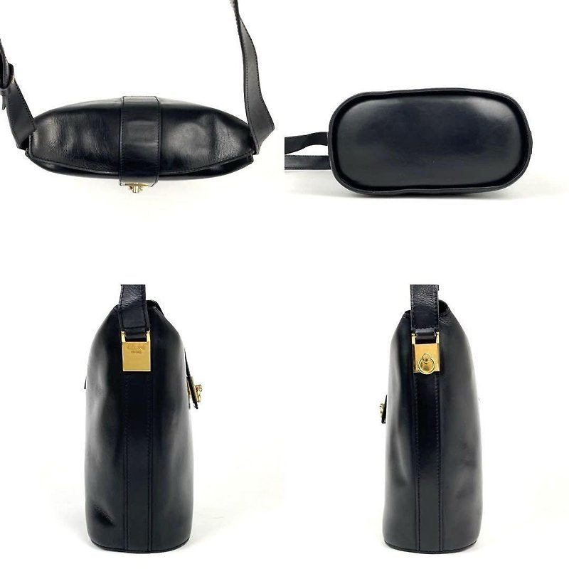 CELINE rare black small gold ring cowhide leather French fry small bag / side bag / oblique bag