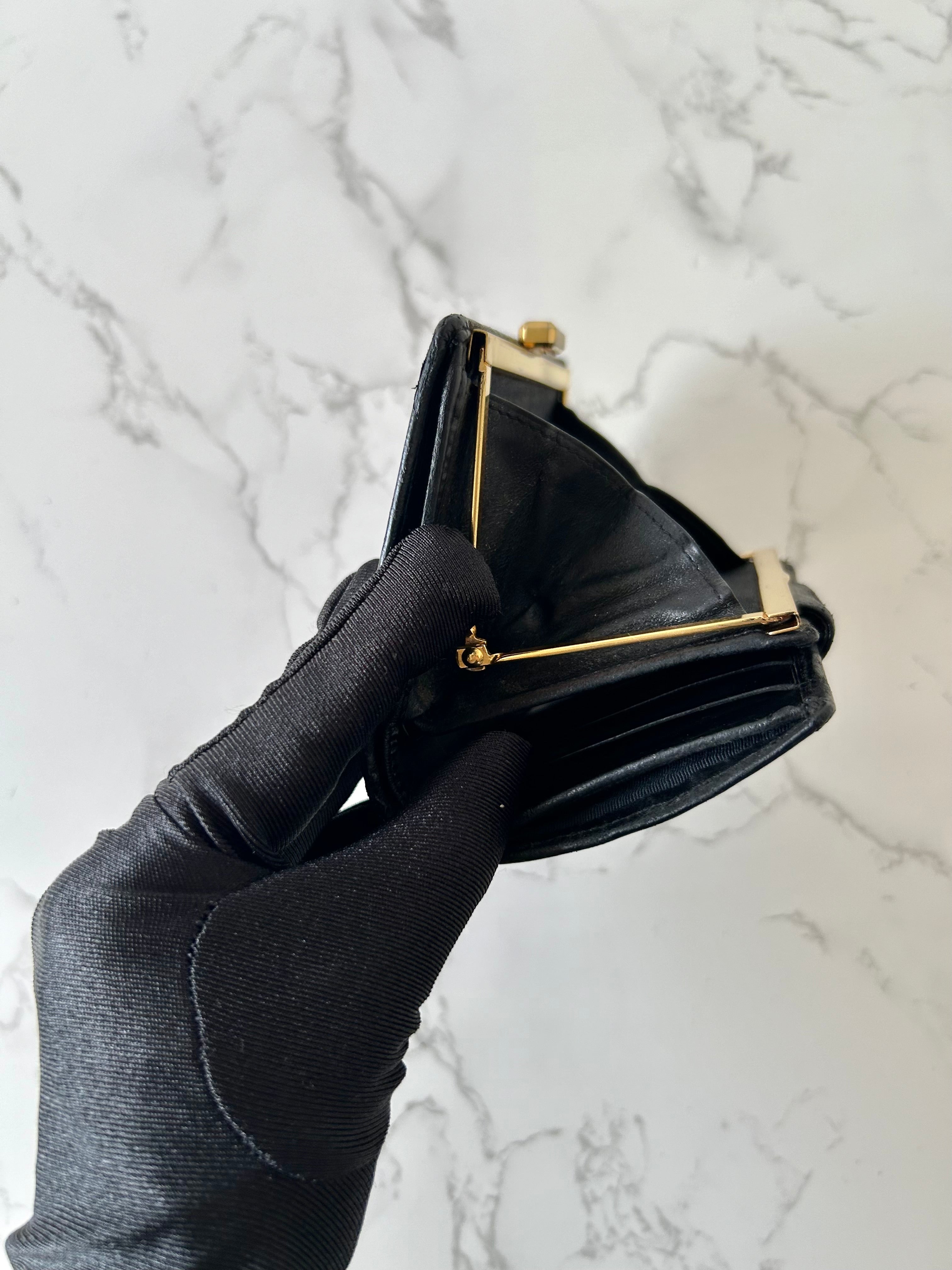 CHANEL rare black lambskin leather large gold buckle gold label short wallet / wallet
