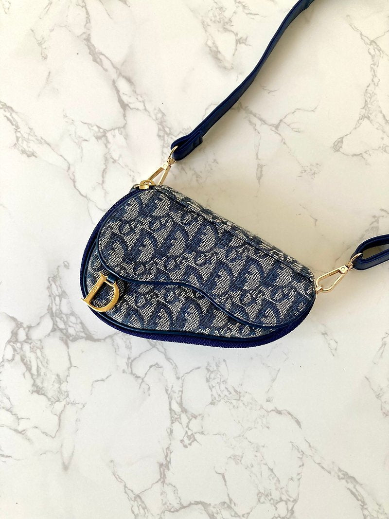 CHRISTIAN DIOR 深藍灰色老花金扣馬鞍小包/單肩包/側背包/斜背包