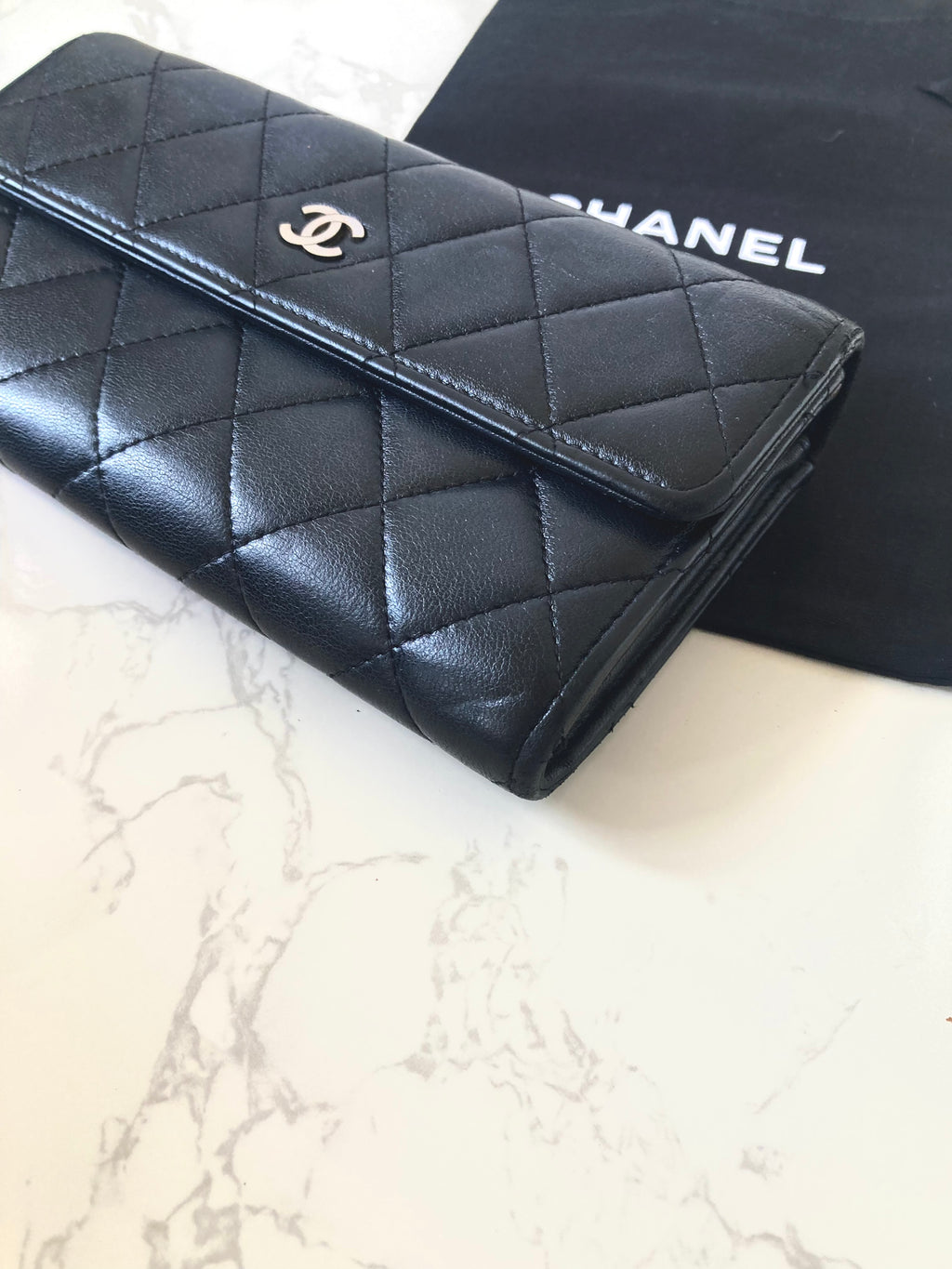 CHANEL Classic Black Lamb Skin Long Wallet