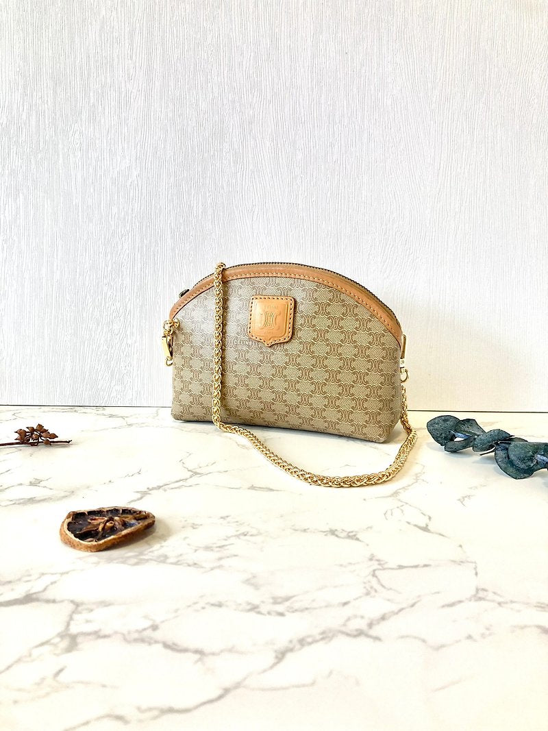 CELINE beige Arc de Triomphe old flower shoulder bag/oblique backpack/side backpack/clutch bag