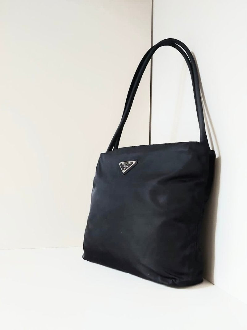 PRADA black silver triangle nylon tote bag/shoulder bag/handbag