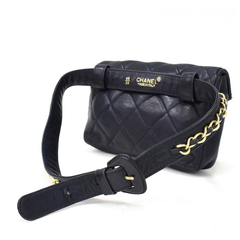 CHANEL rare black blue leather gold rotating buckle belt bag/side bag/clutch bag