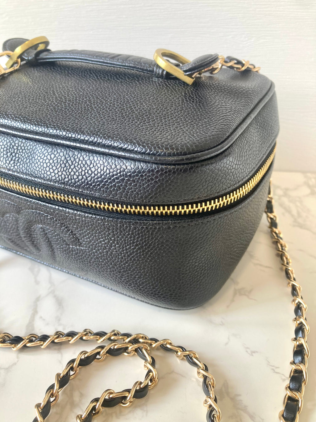 CHANEL Black Caviar Leather Vanity Case / Crossbody Chain Bag