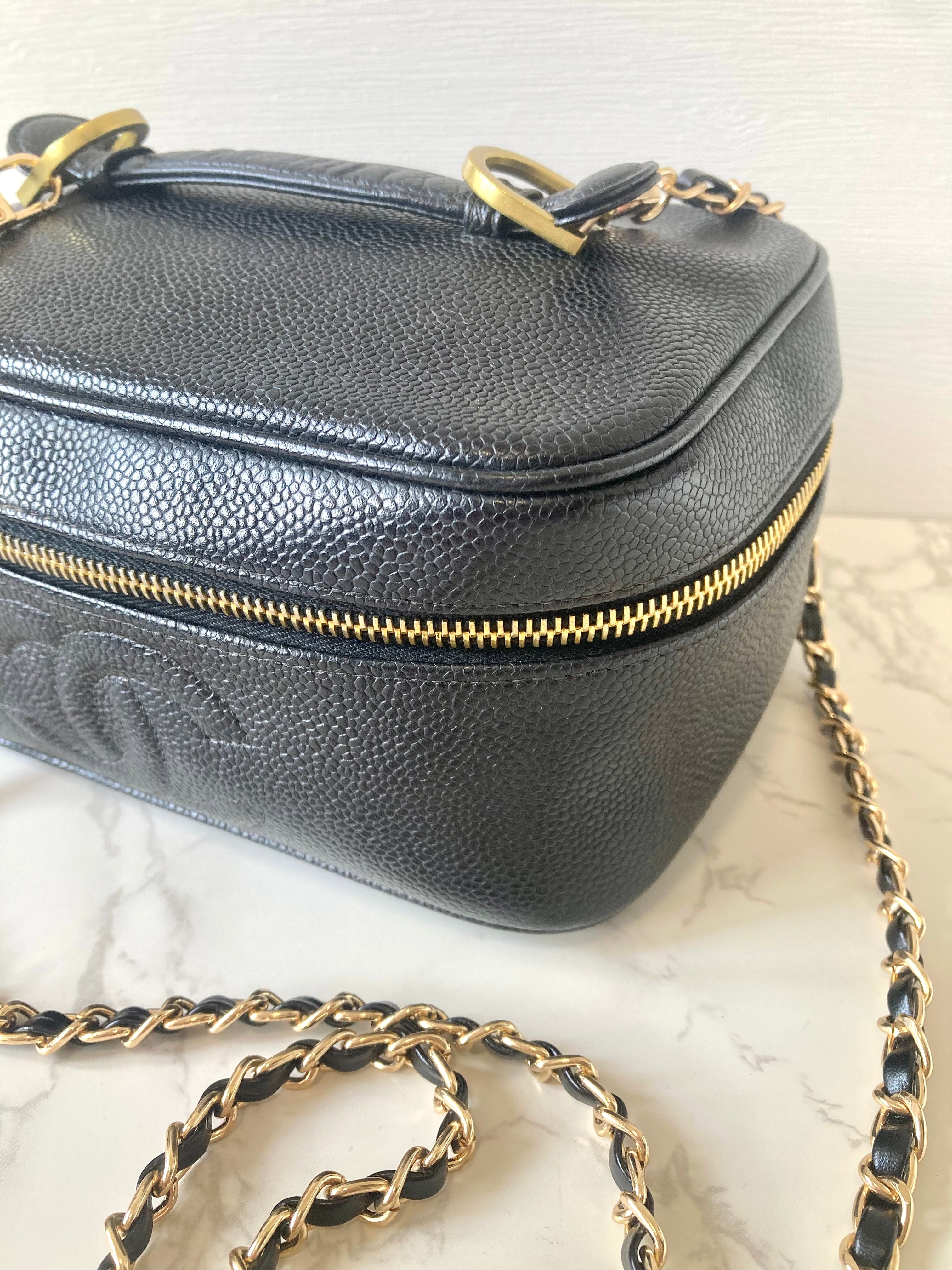 CHANEL Black Caviar Leather Vanity Case / Crossbody Chain Bag