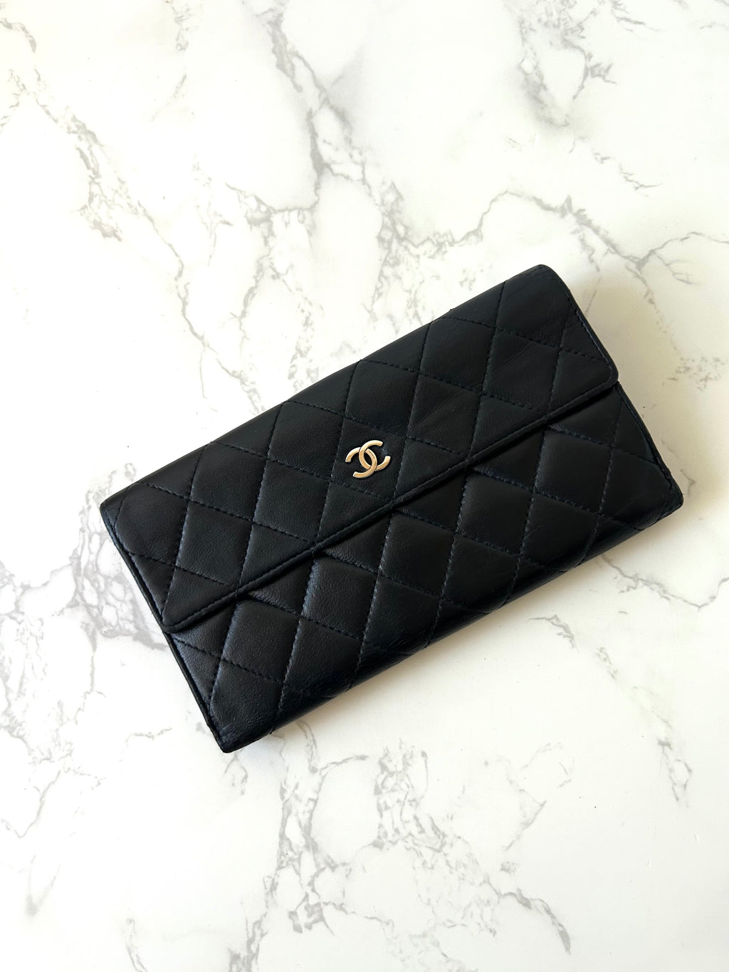 CHANEL 黑色格紋小羊皮革銀標長夾/錢包