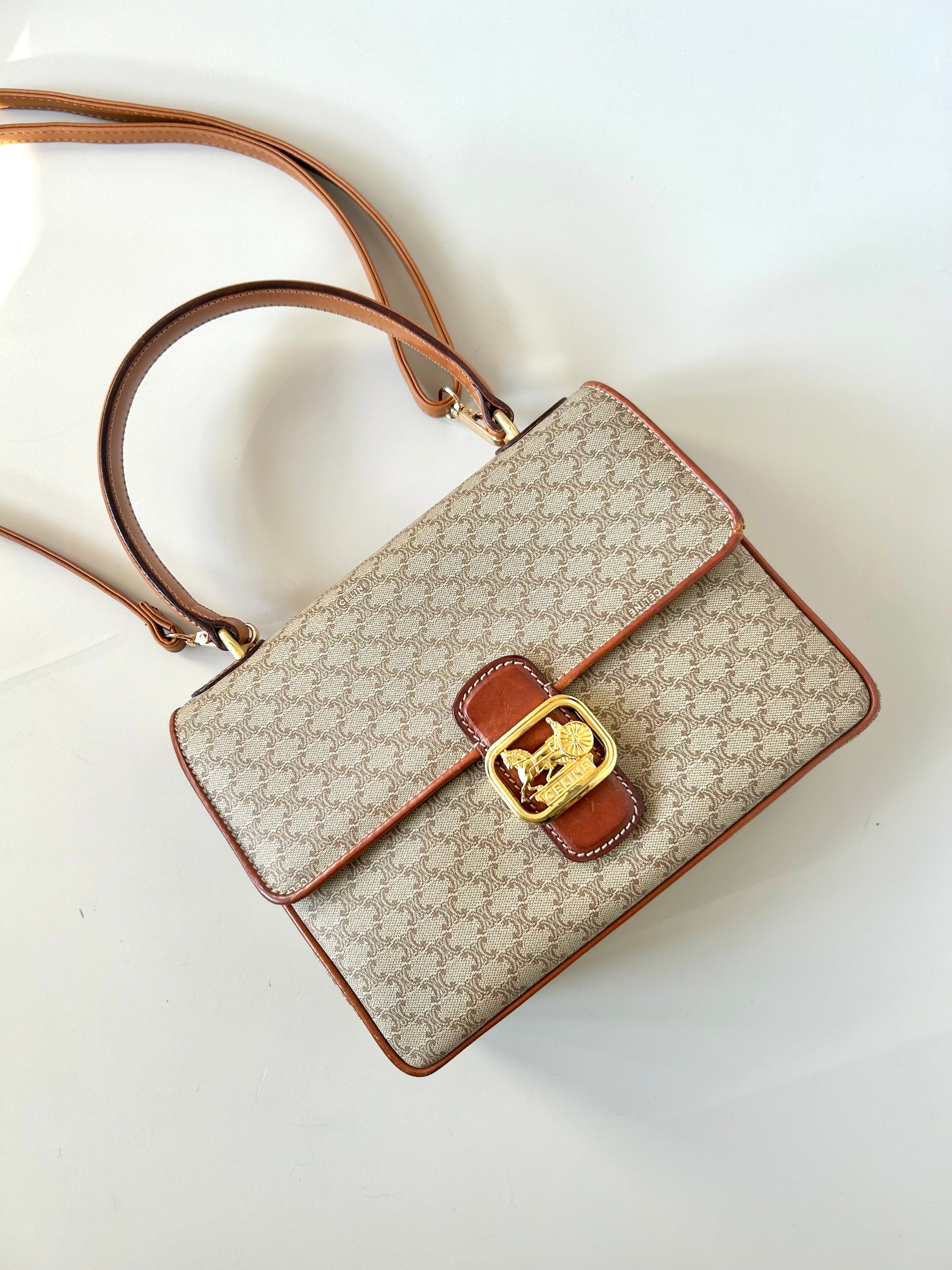 CELINE rare gold carriage old flower leather Kelly side bag / crossbody bag / handbag