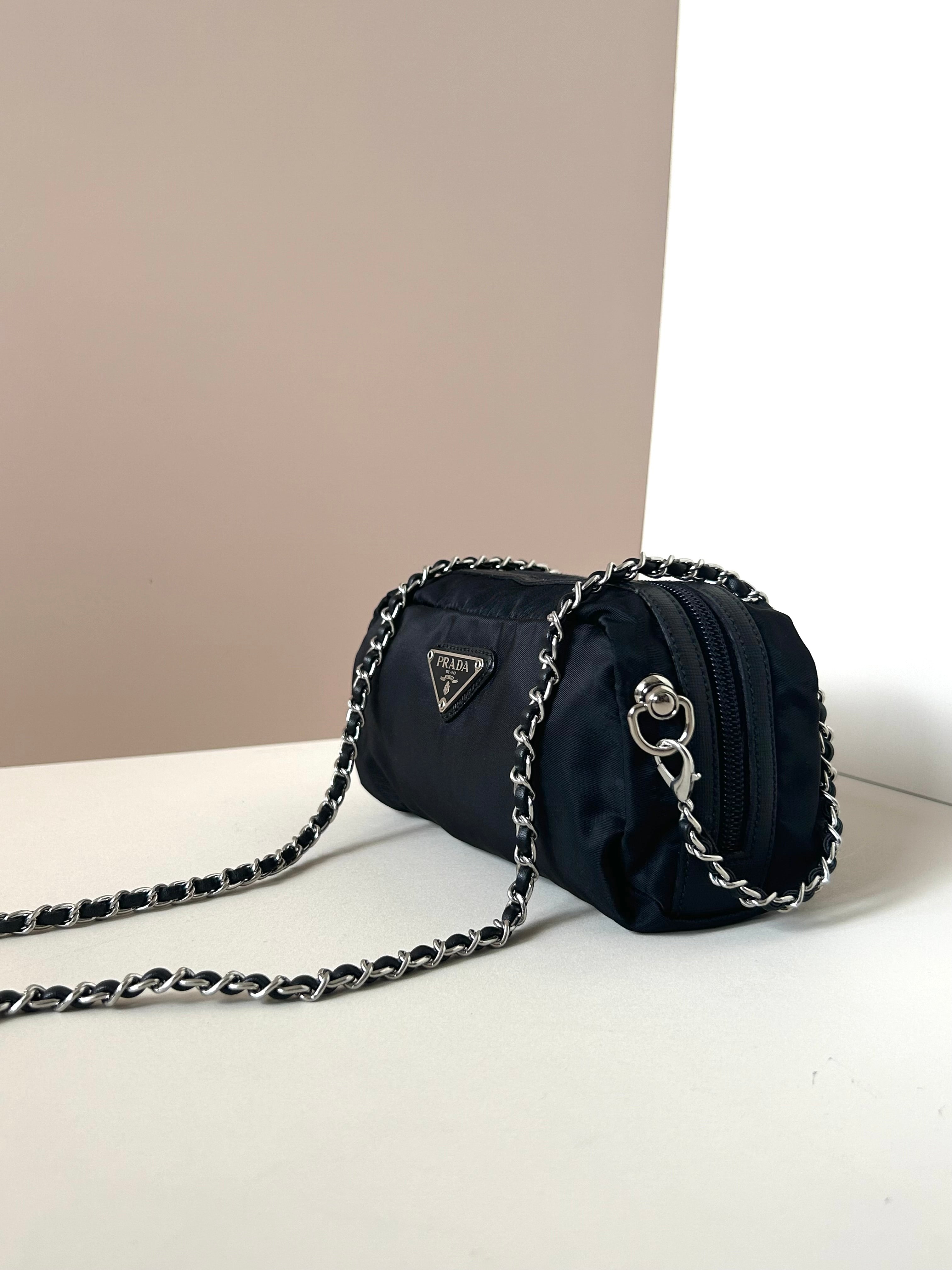 PRADA parachute black chain small bag/shoulder bag/side backpack
