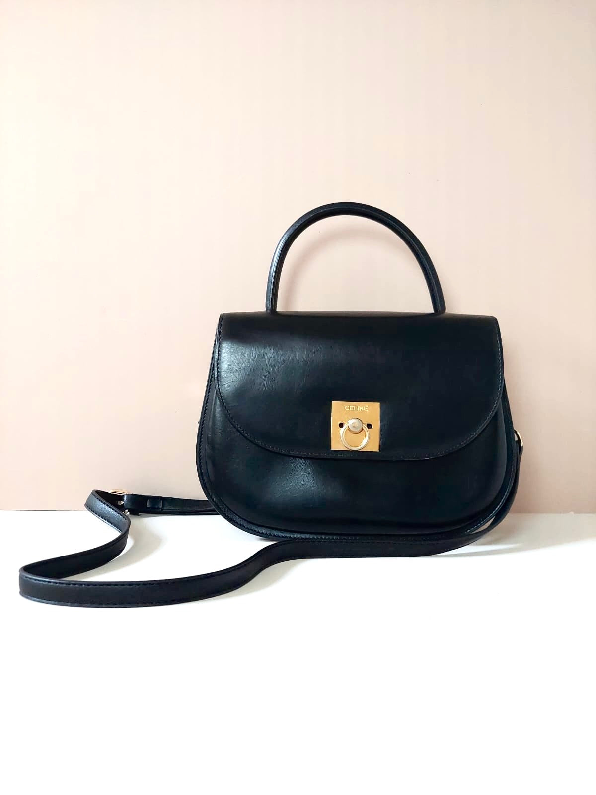 CELINE rare black half moon Kelly crossbody bag / side backpack / handbag
