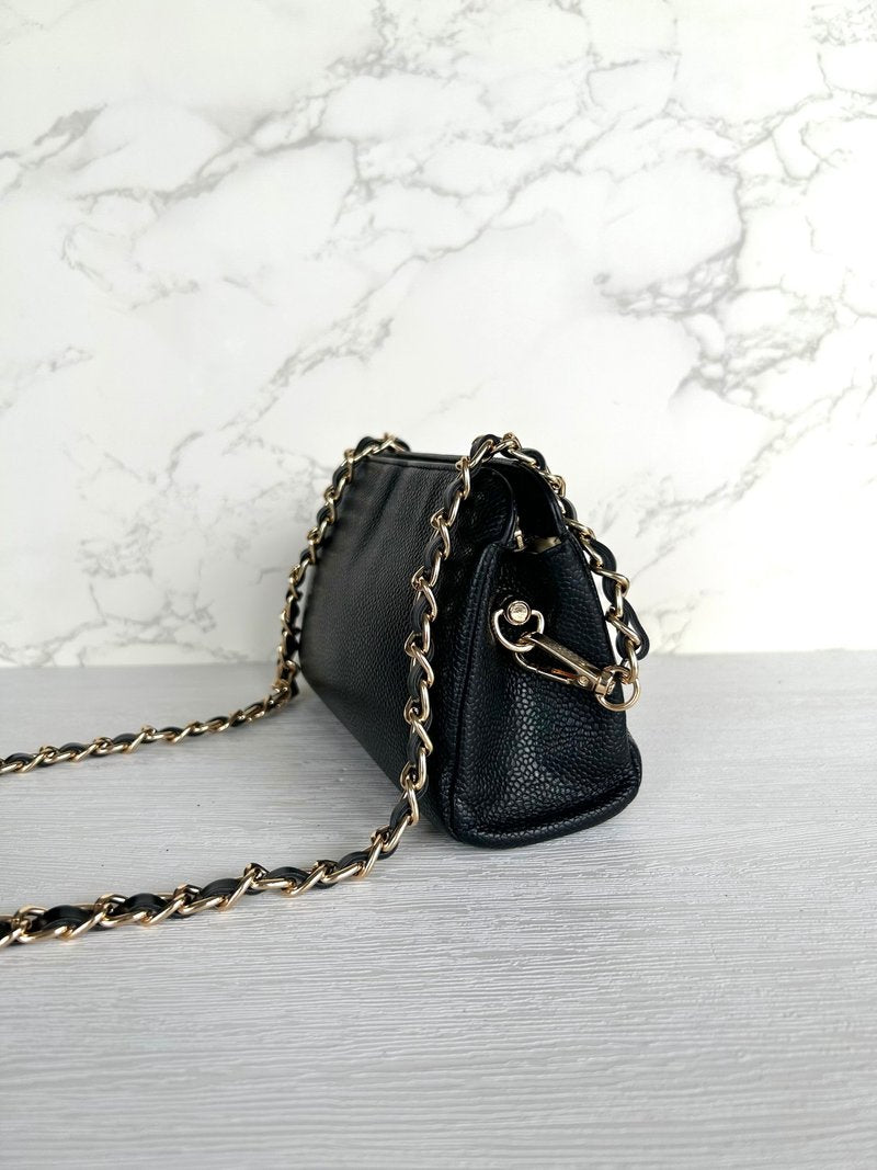 CHANEL 稀有黑色魚子醬牛皮革鏈條帶小包/側背包/斜背包/手拿包