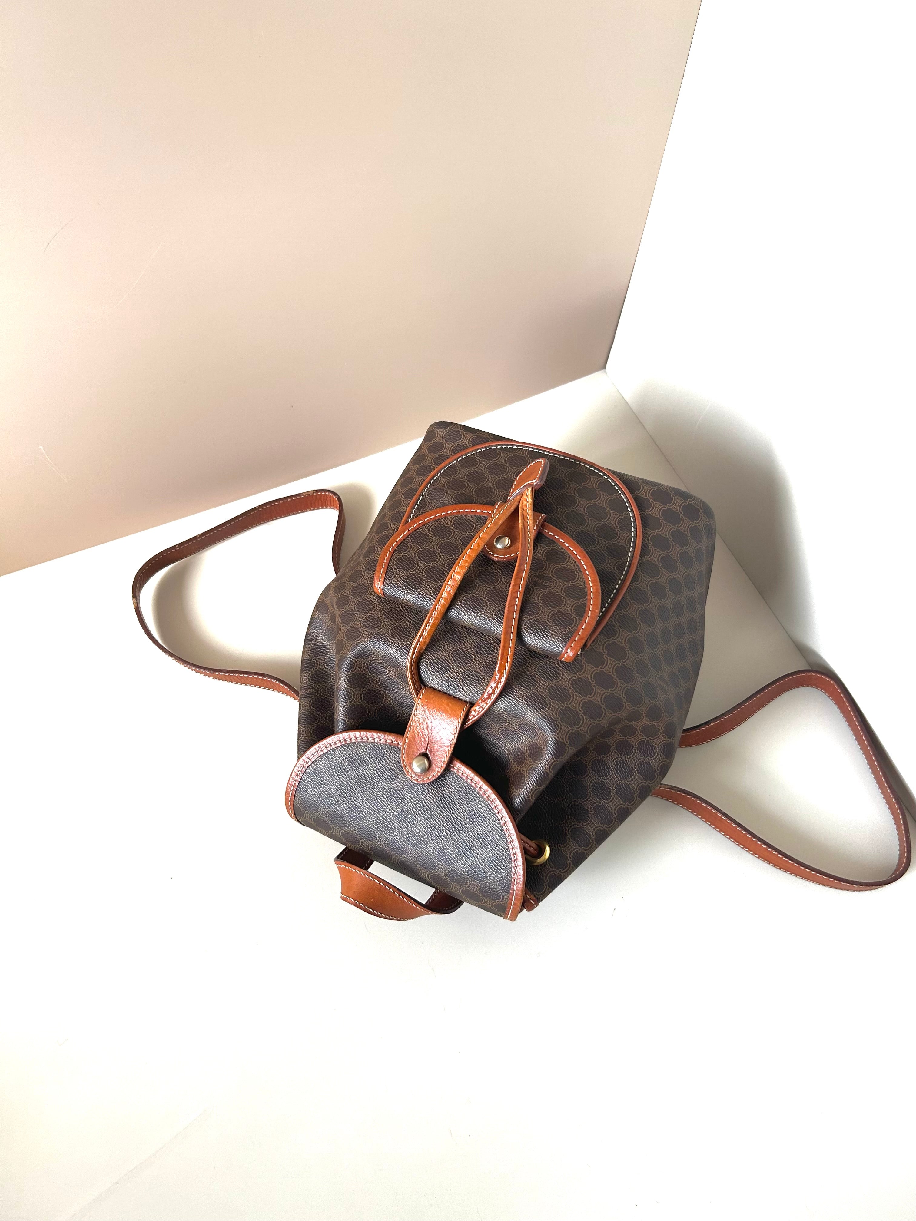 CELINE rare replica coffee color old flower gold buckle backpack / shoulder bag