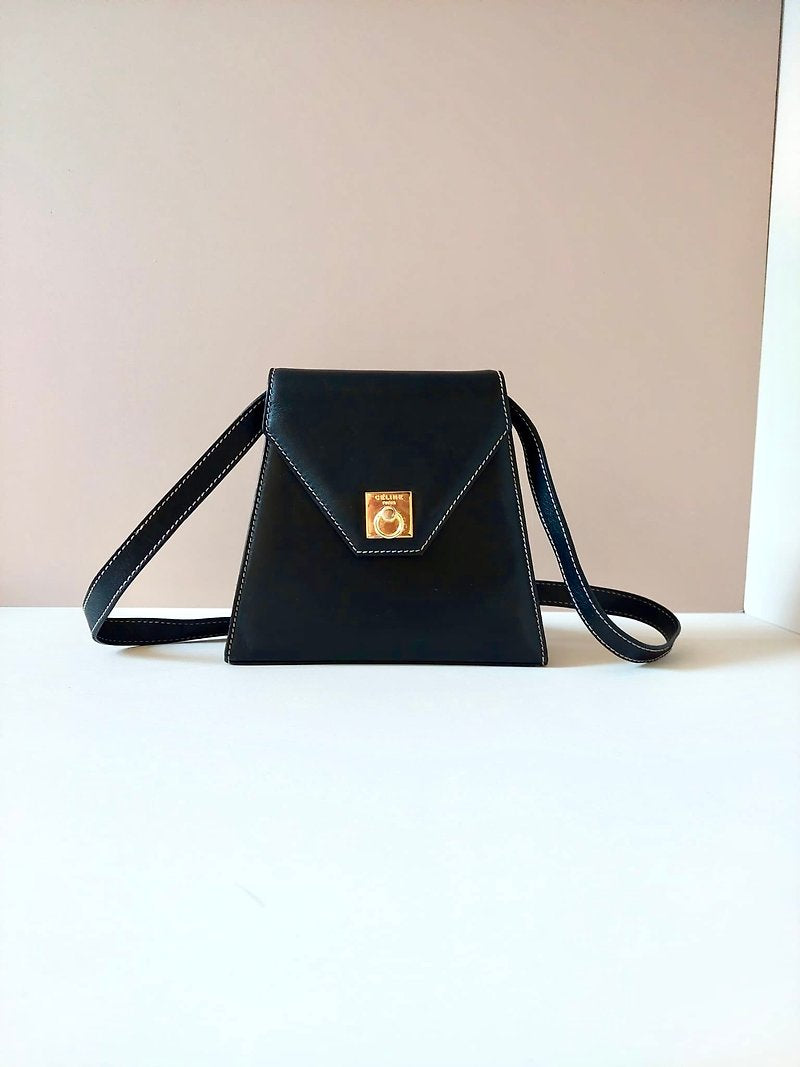 CELINE rare black gold buckle outer seam leather small Kelly shoulder bag / crossbody bag