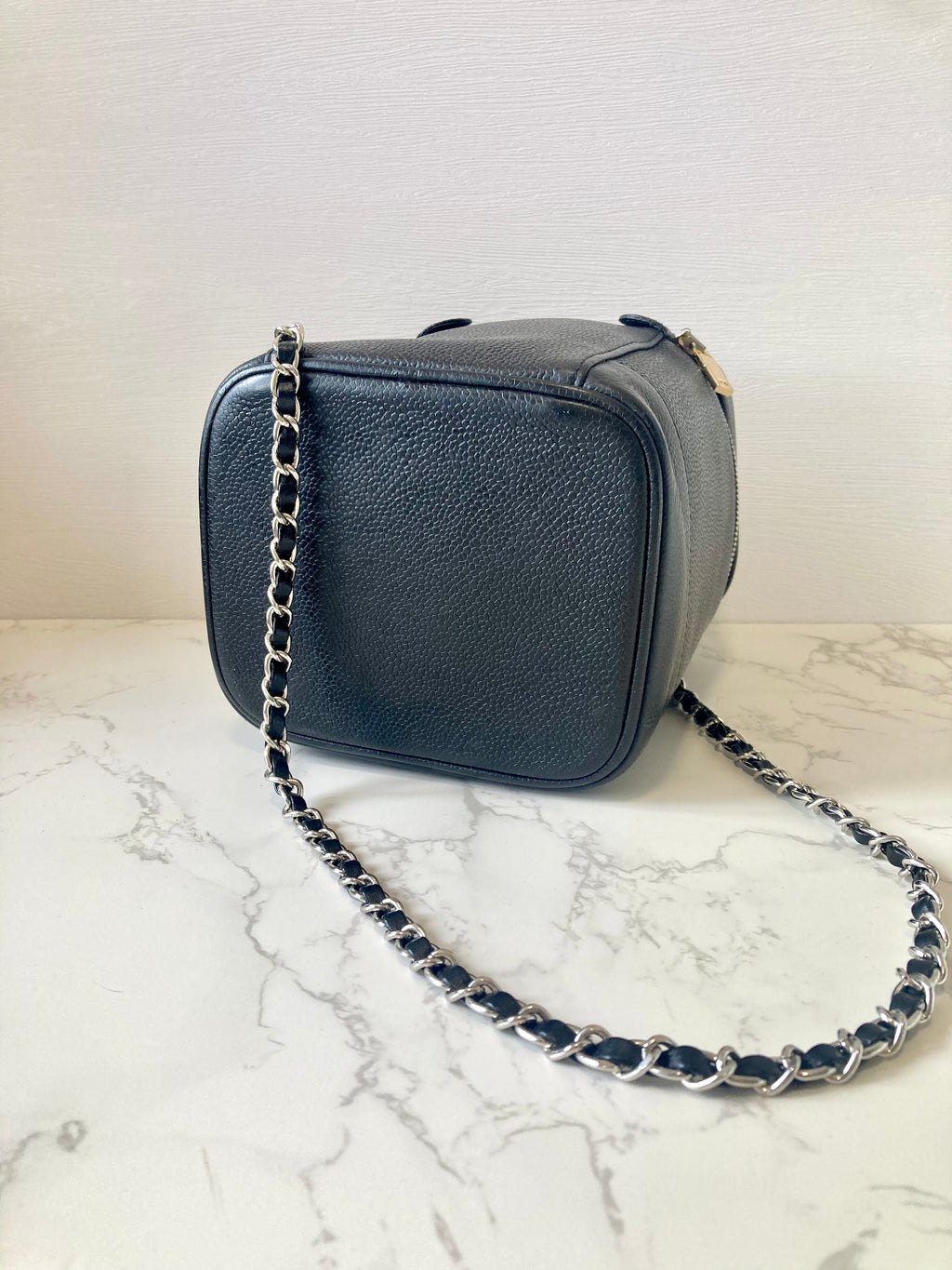 CHANEL Black Caviar Leather Vertical Vanity Case / Chain Crossbody Bag