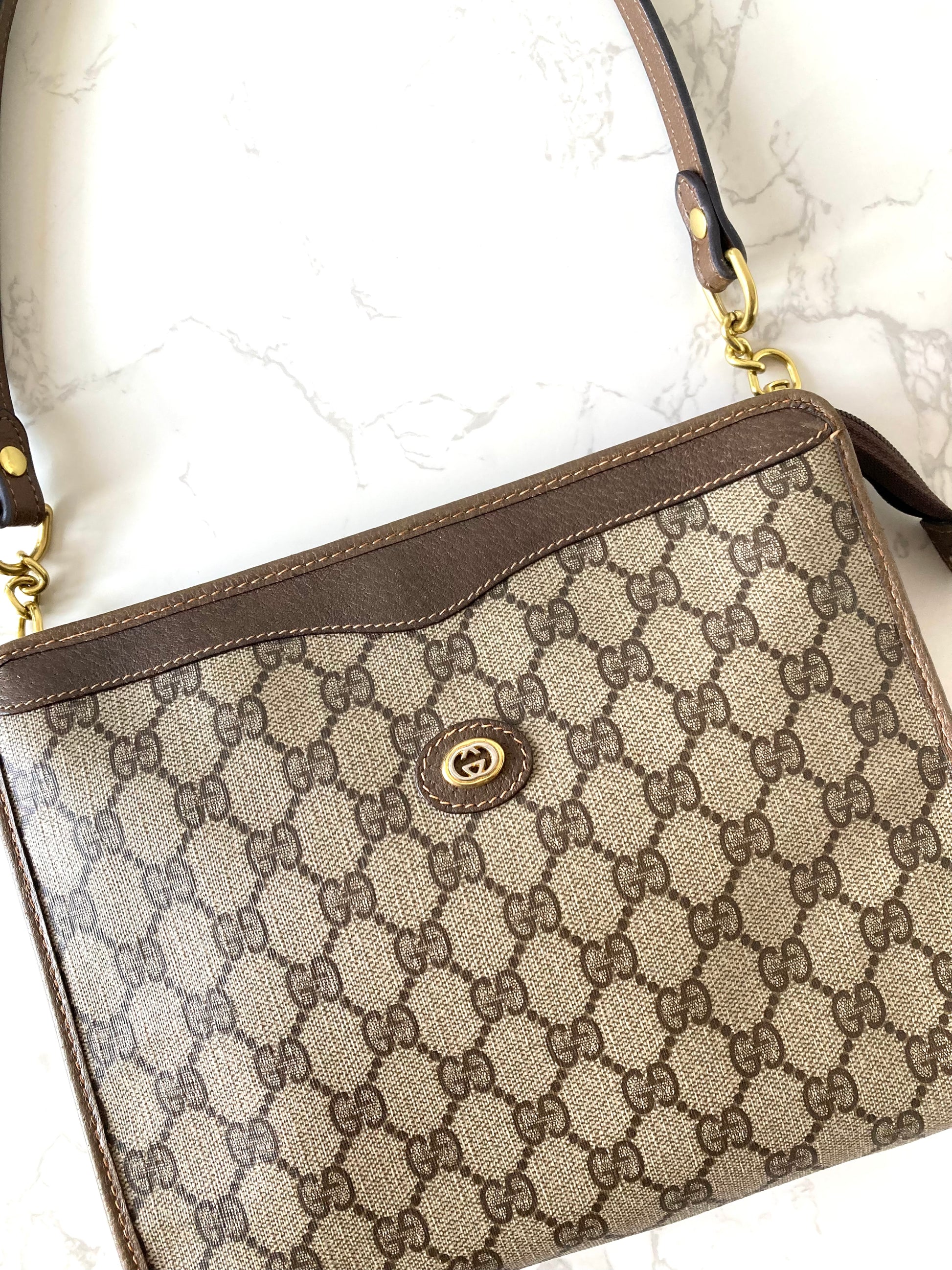 GUCCI Brown Monogram Gold Accessories Two-way Shoulder Bag / Pouch Bag