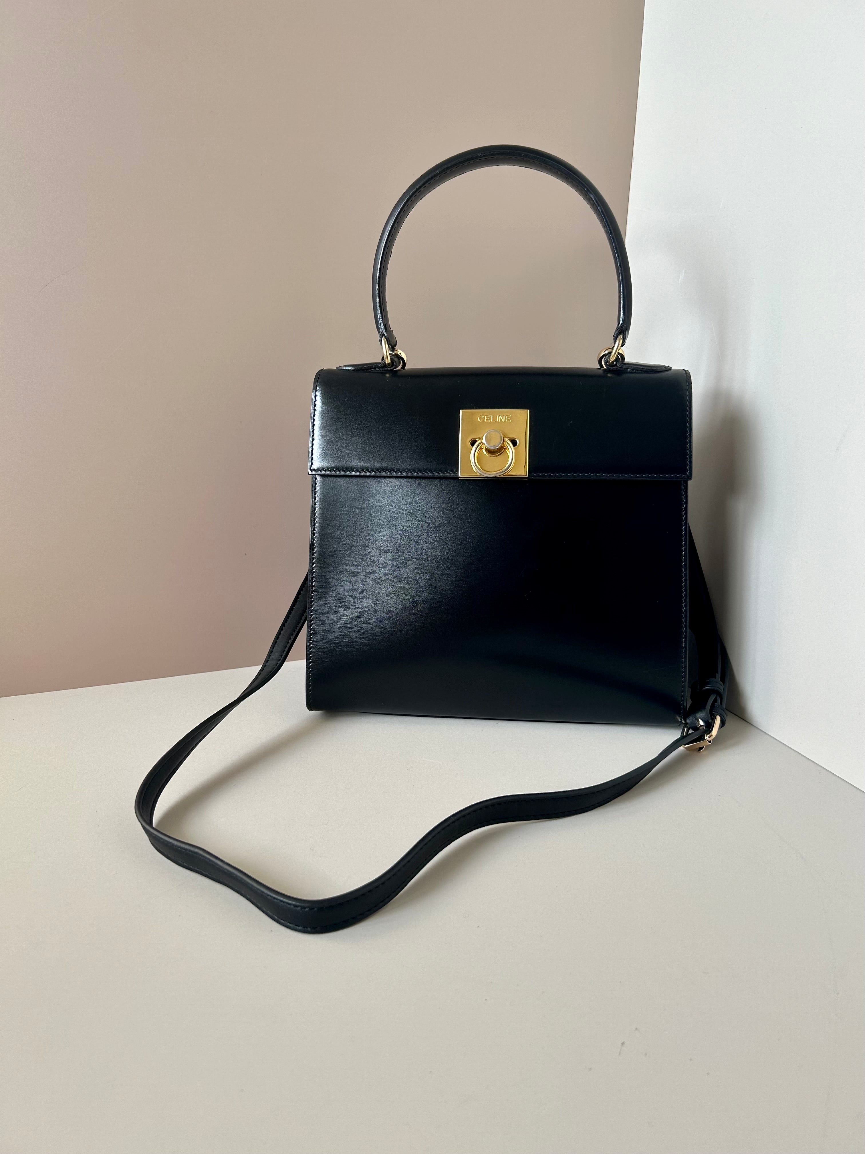 New arrival-CELINE rare black gold buckle small Kelly handbag/side bag/crossbody bag