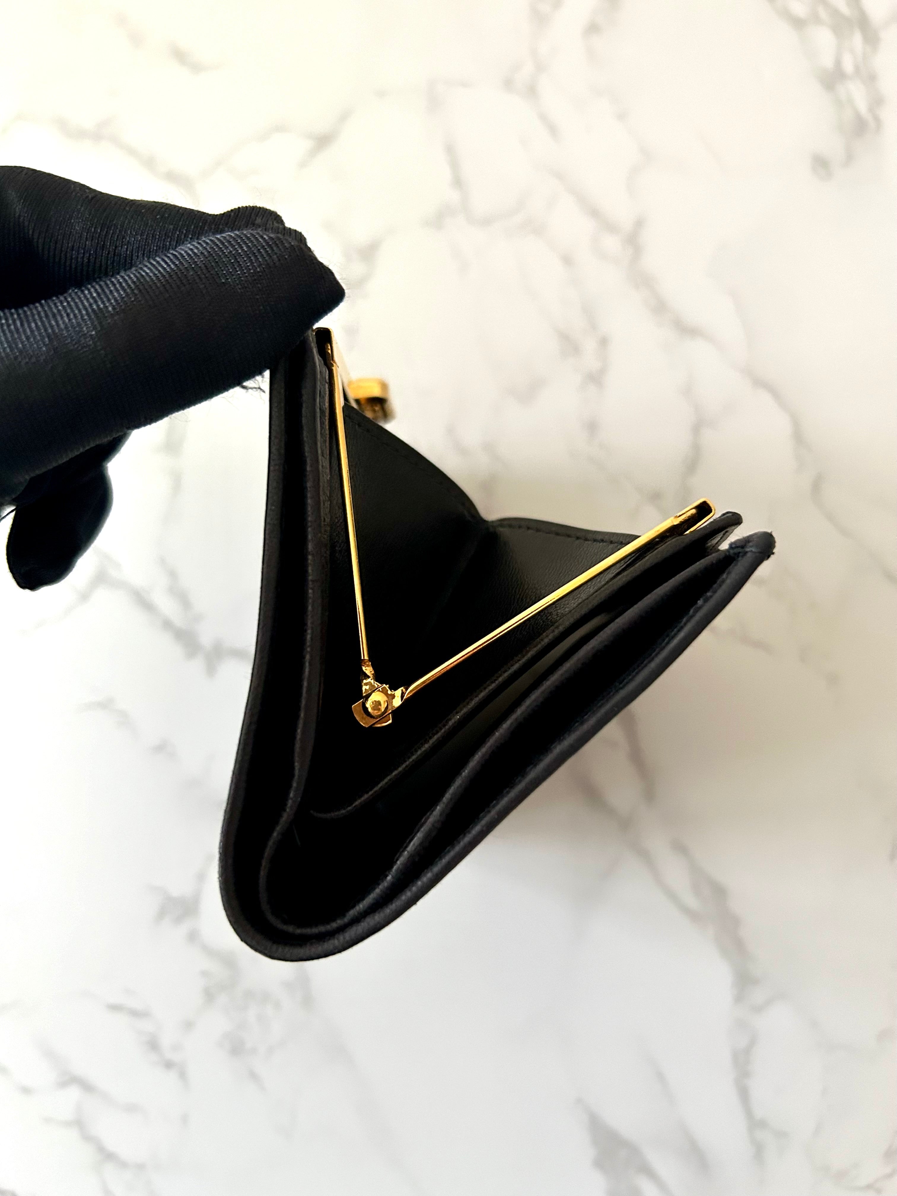 CHANEL rare black lambskin leather large gold buckle gold label short wallet / wallet