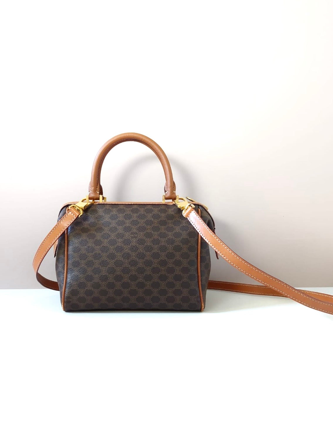 CELINE Brown Old Flower Leather Boston Bucket Bag/Side Bag/Handbag