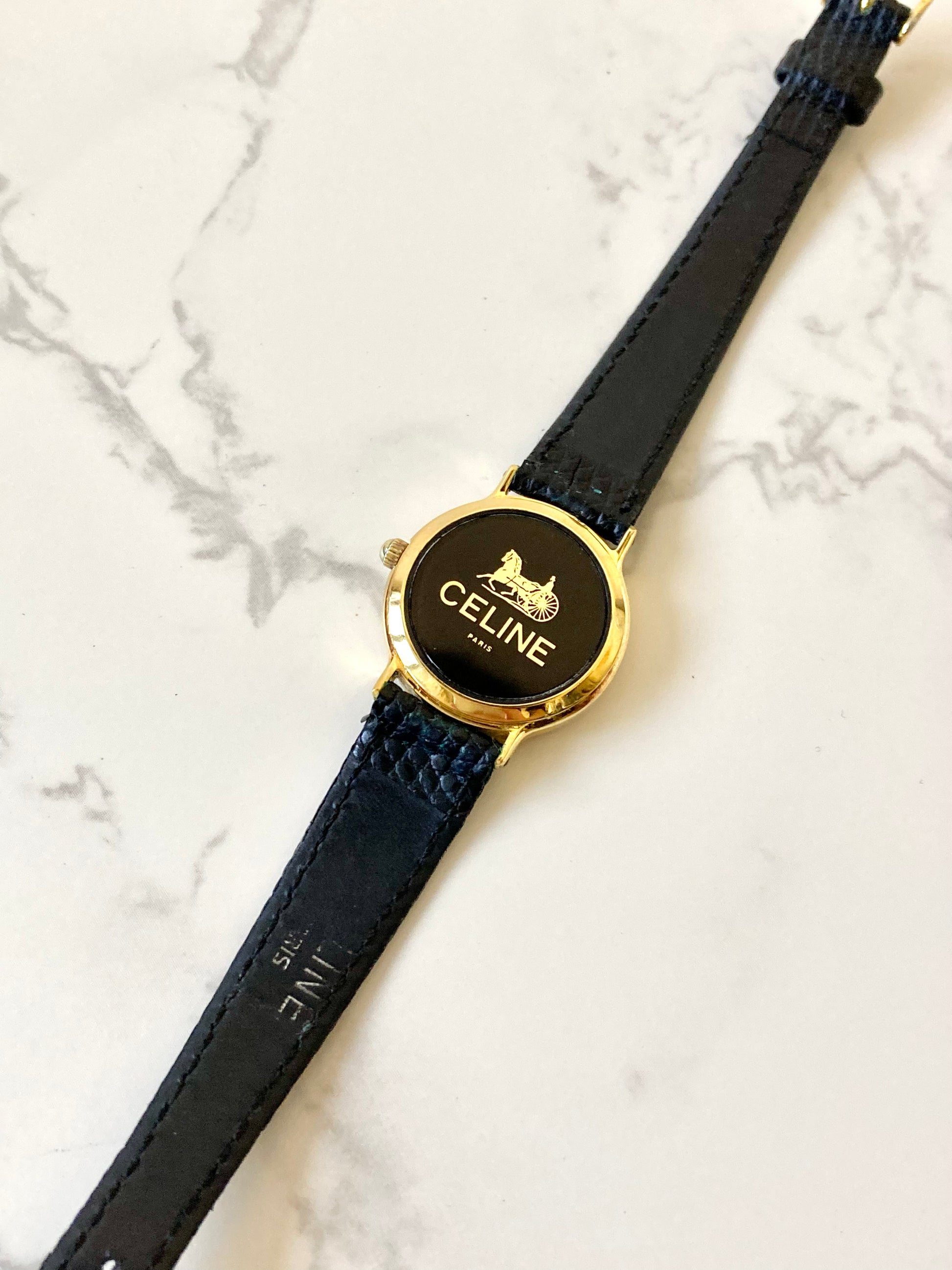 CELINE Rare Horse Carriage Black x Gold Leather Lady's Quartz Watch