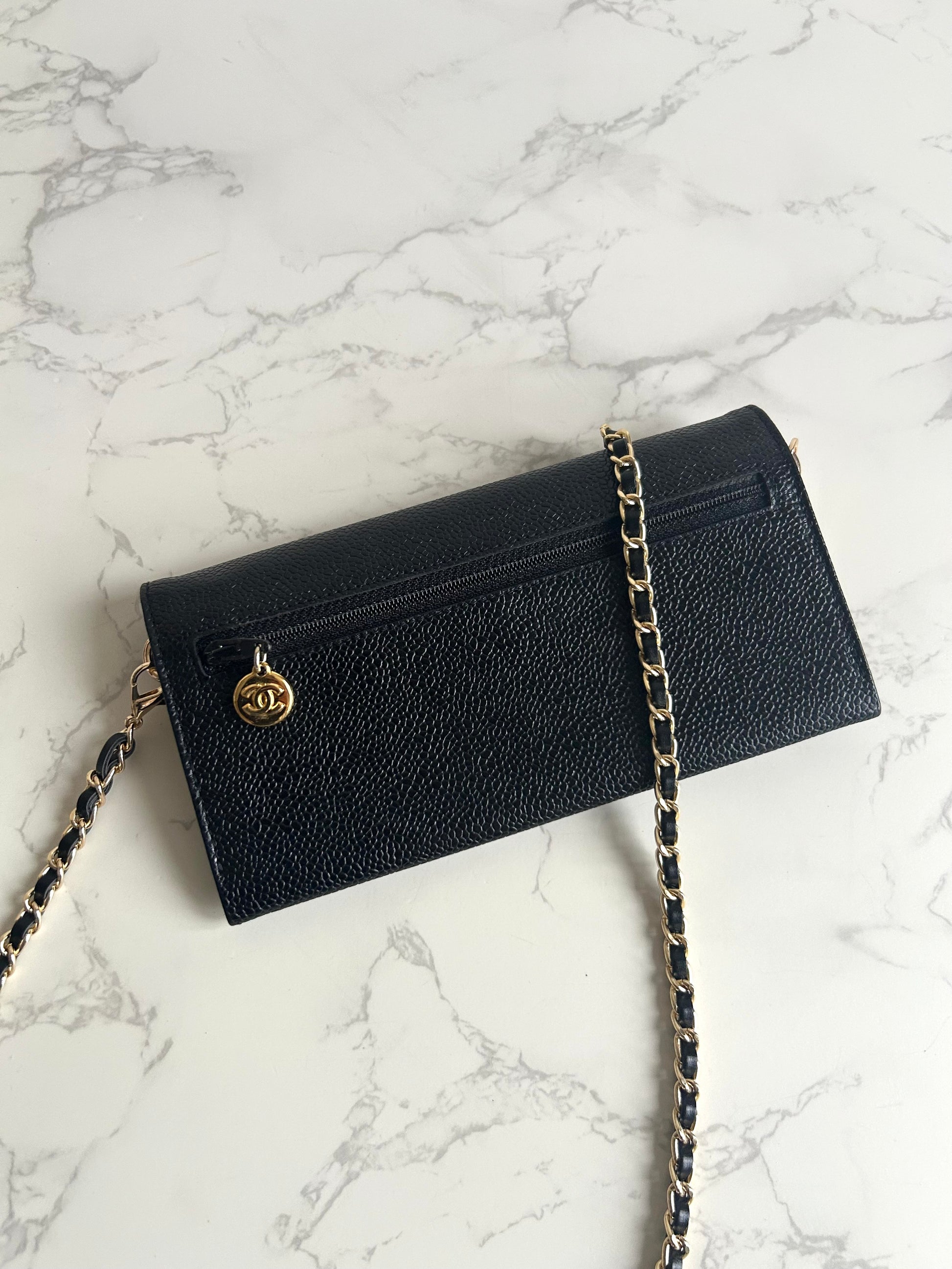 中古二手Chanel黑色魚子醬皮革WOC/側背包/斜背包/錢包