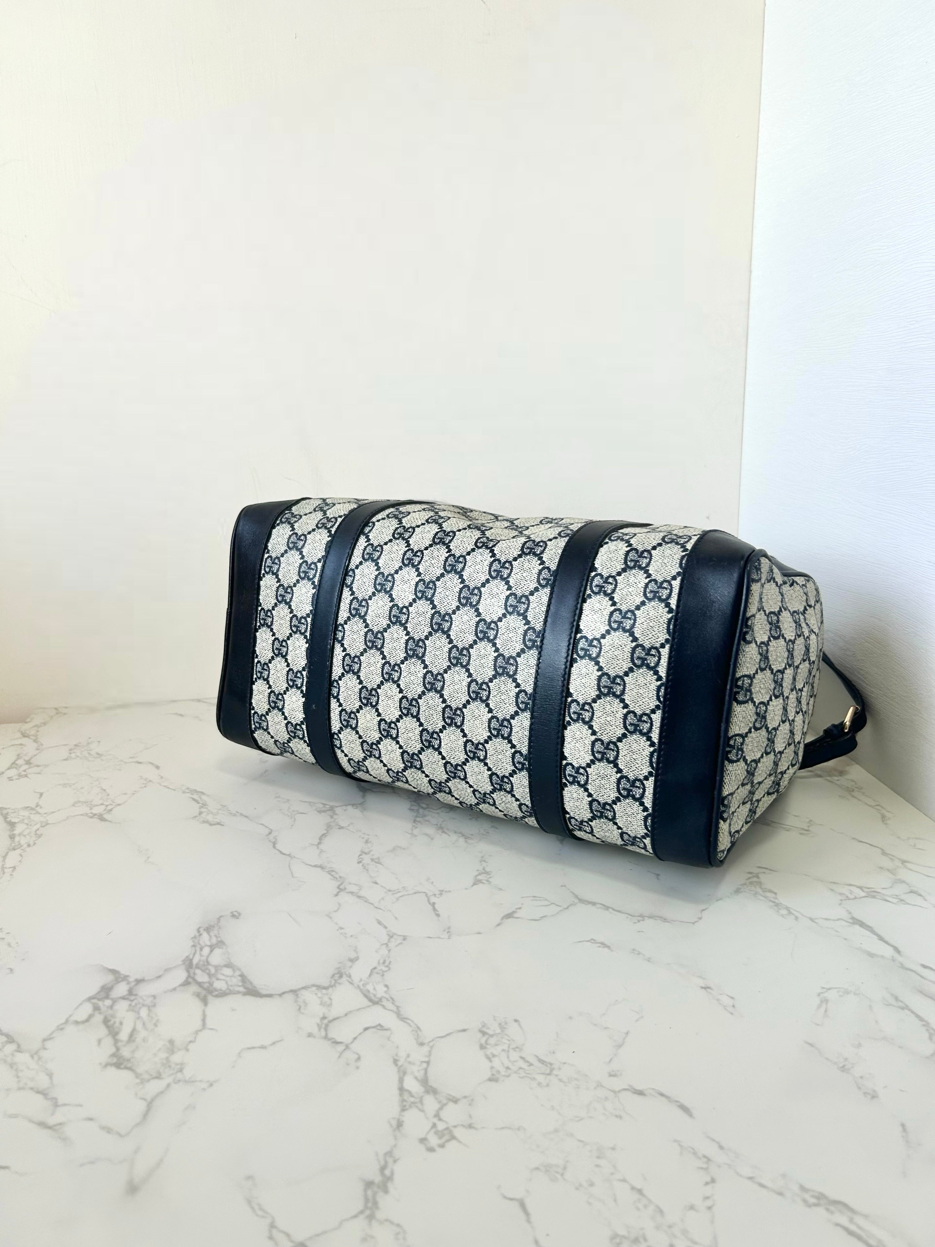 GUCCI rare blue and black old flower leather Boston bag / side bag / oblique bag