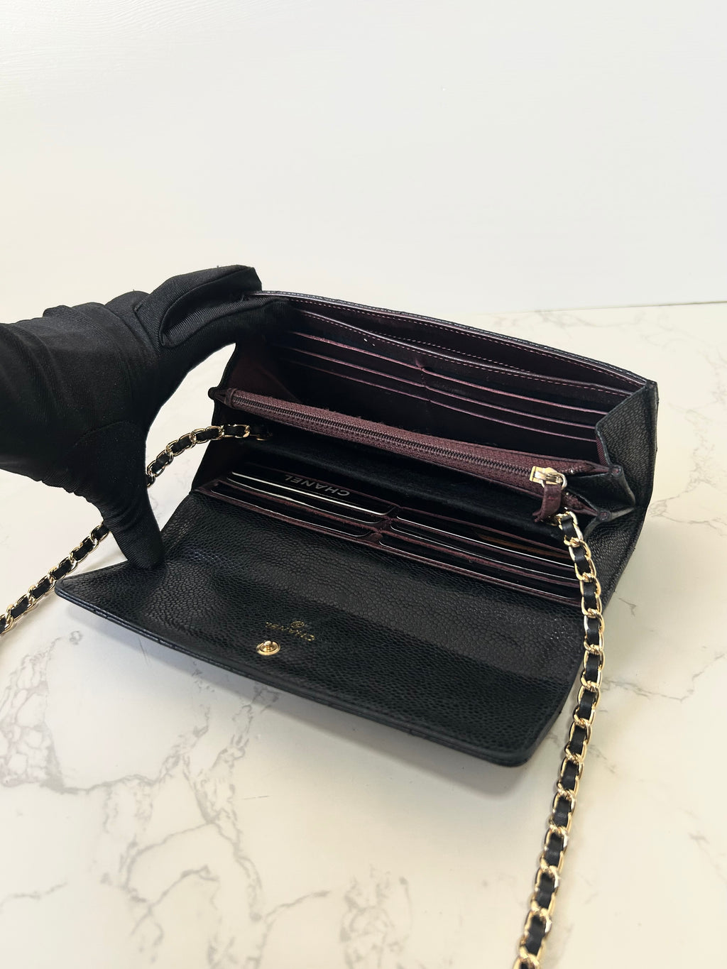CHANEL Black Gold Caviar Leather WOC Side Bag/Messenger Bag/Long Wallet