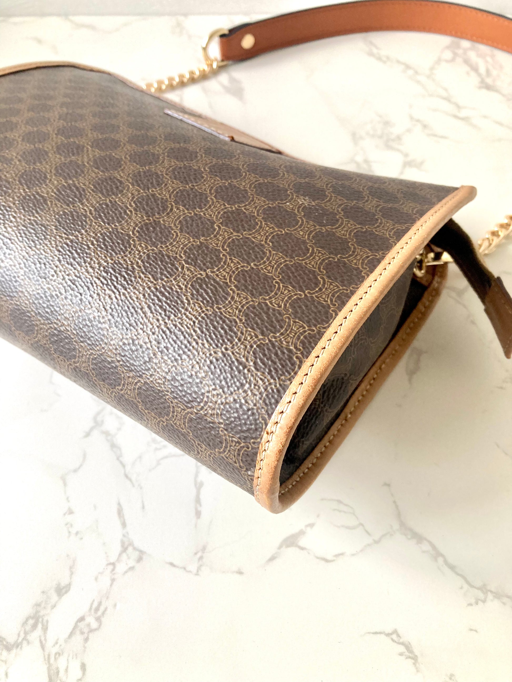 CELINE Brown Macadam Monogram Two-way Shoulder Bag / Pouch Chain Bag