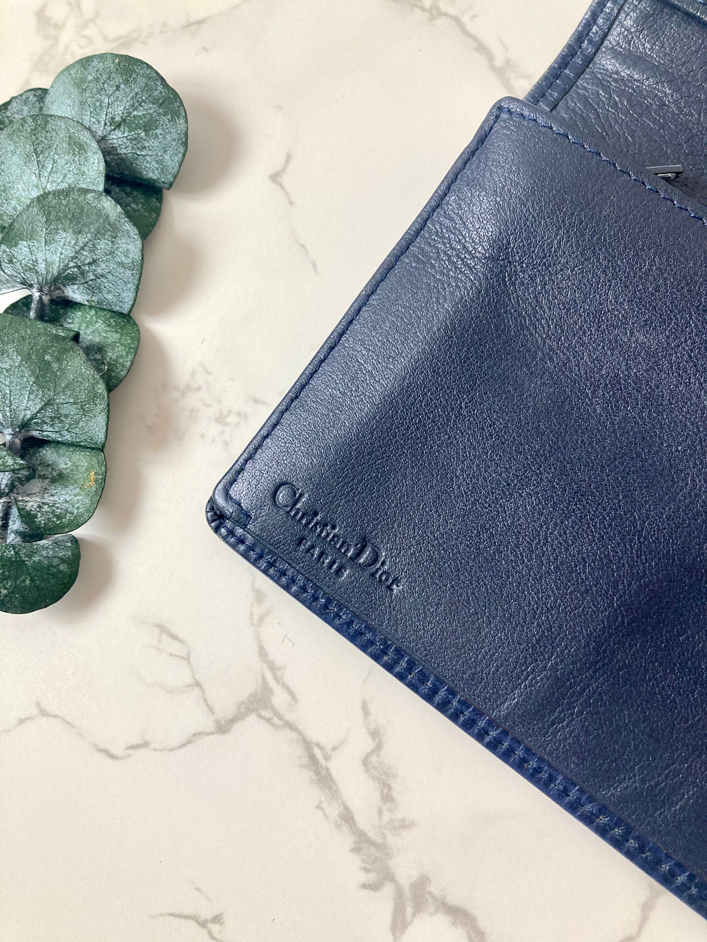CHRISTIAN DIOR Navy Blue x Gold Egg Leather Long Bi-fold Wallet