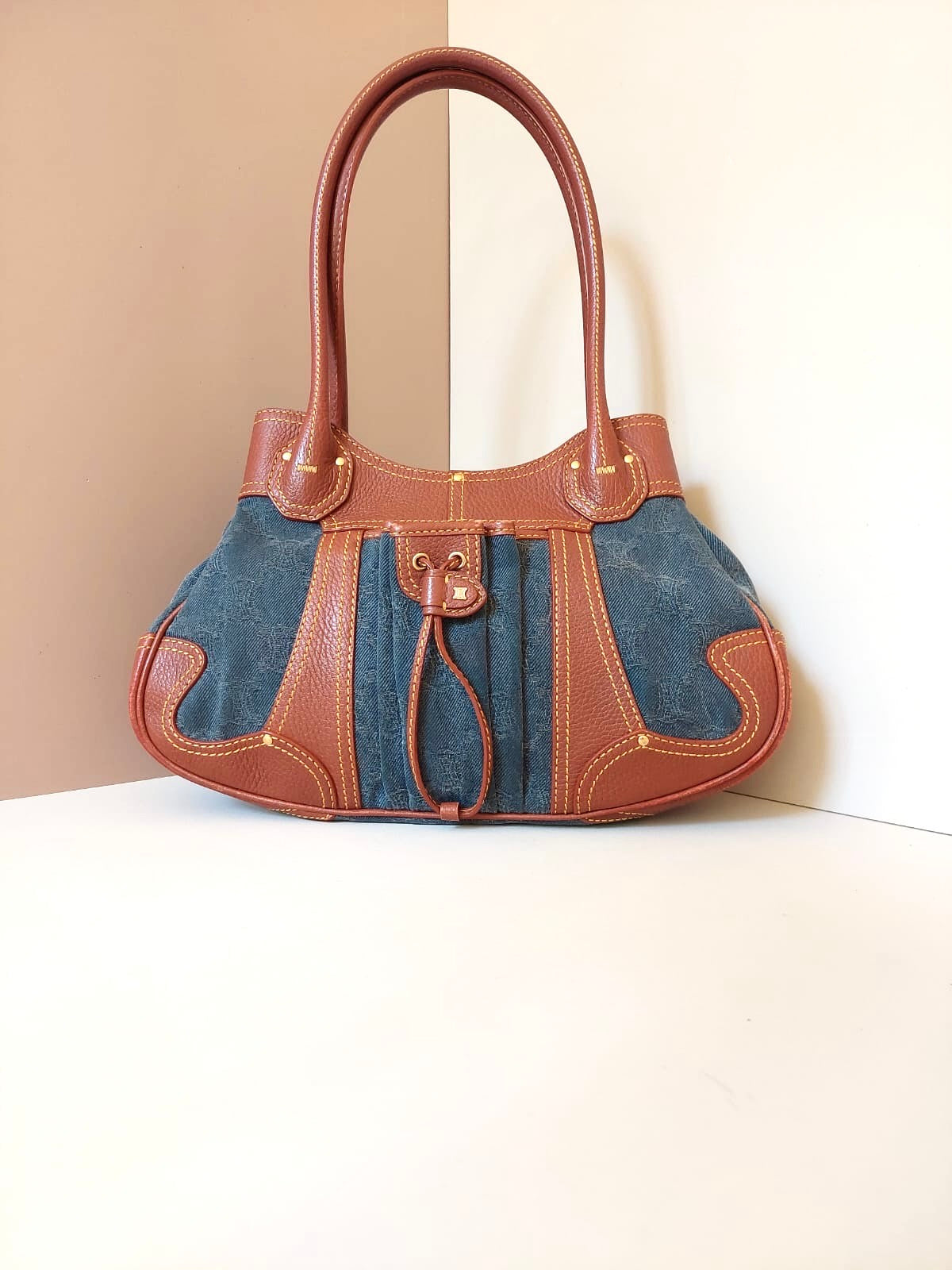 CELINE rare denim blue old flower leather small bag / side backpack / underarm bag