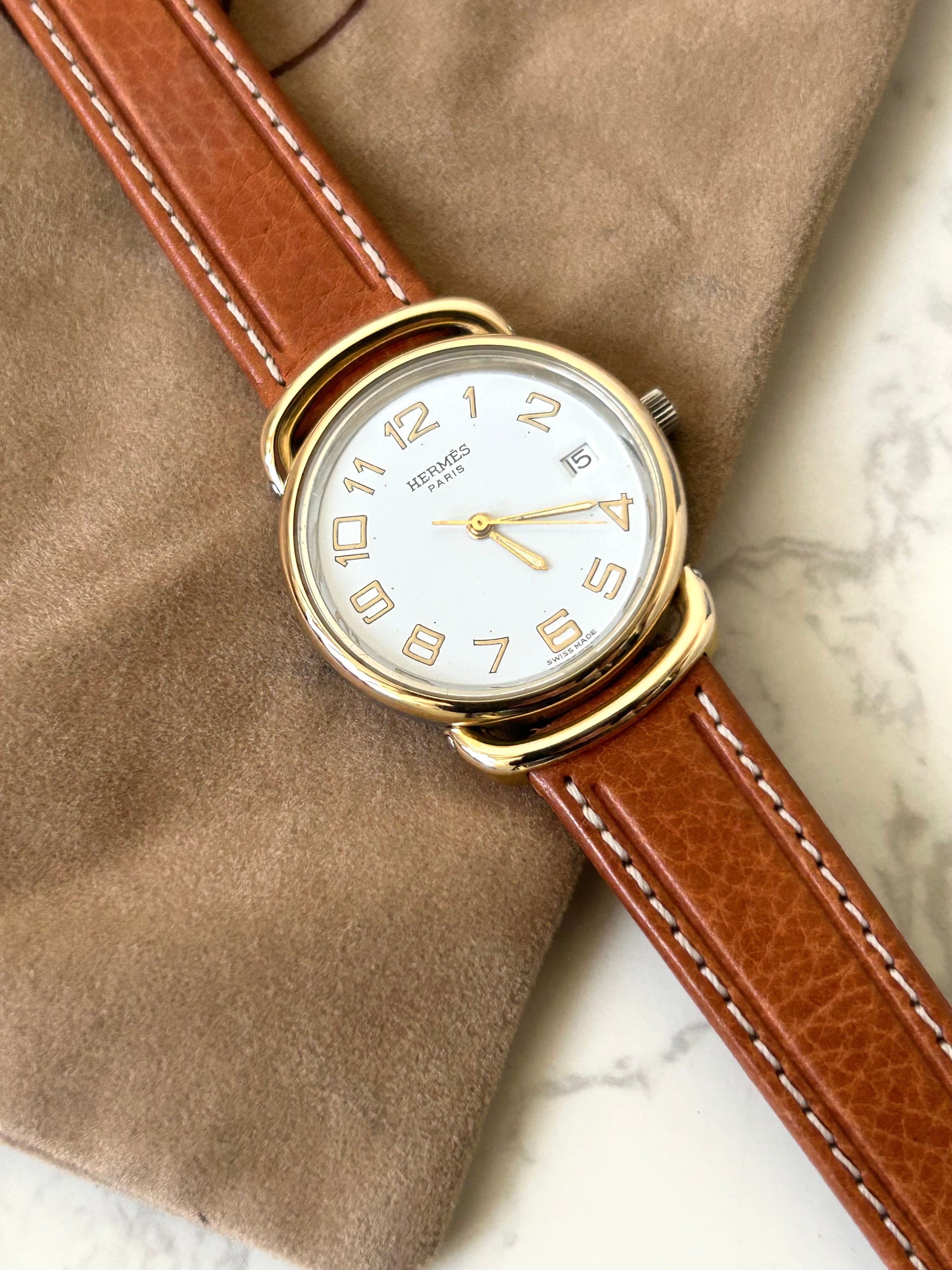 HERMES Pullman Gold Buckle Brown Belt Men's and Women's Antique Watch/Watch
