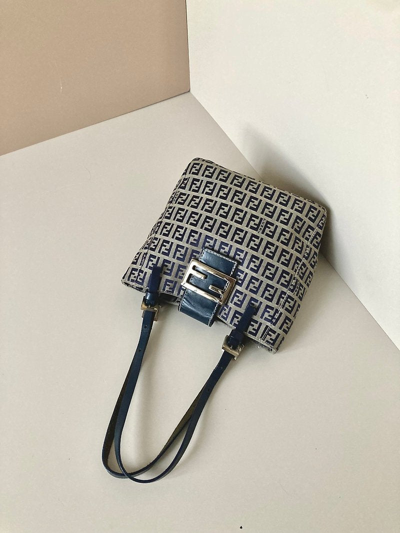 FENDI Zucchino blue and black old flower silver buckle small tote bag / underarm bag / side backpack