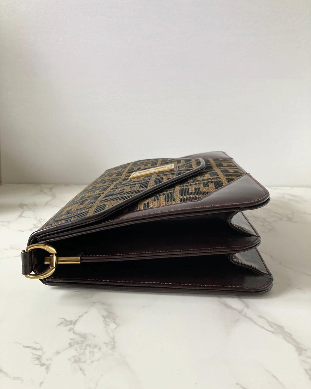 FENDI Zucchino rare brown old flower gold buckle side bag / underarm bag
