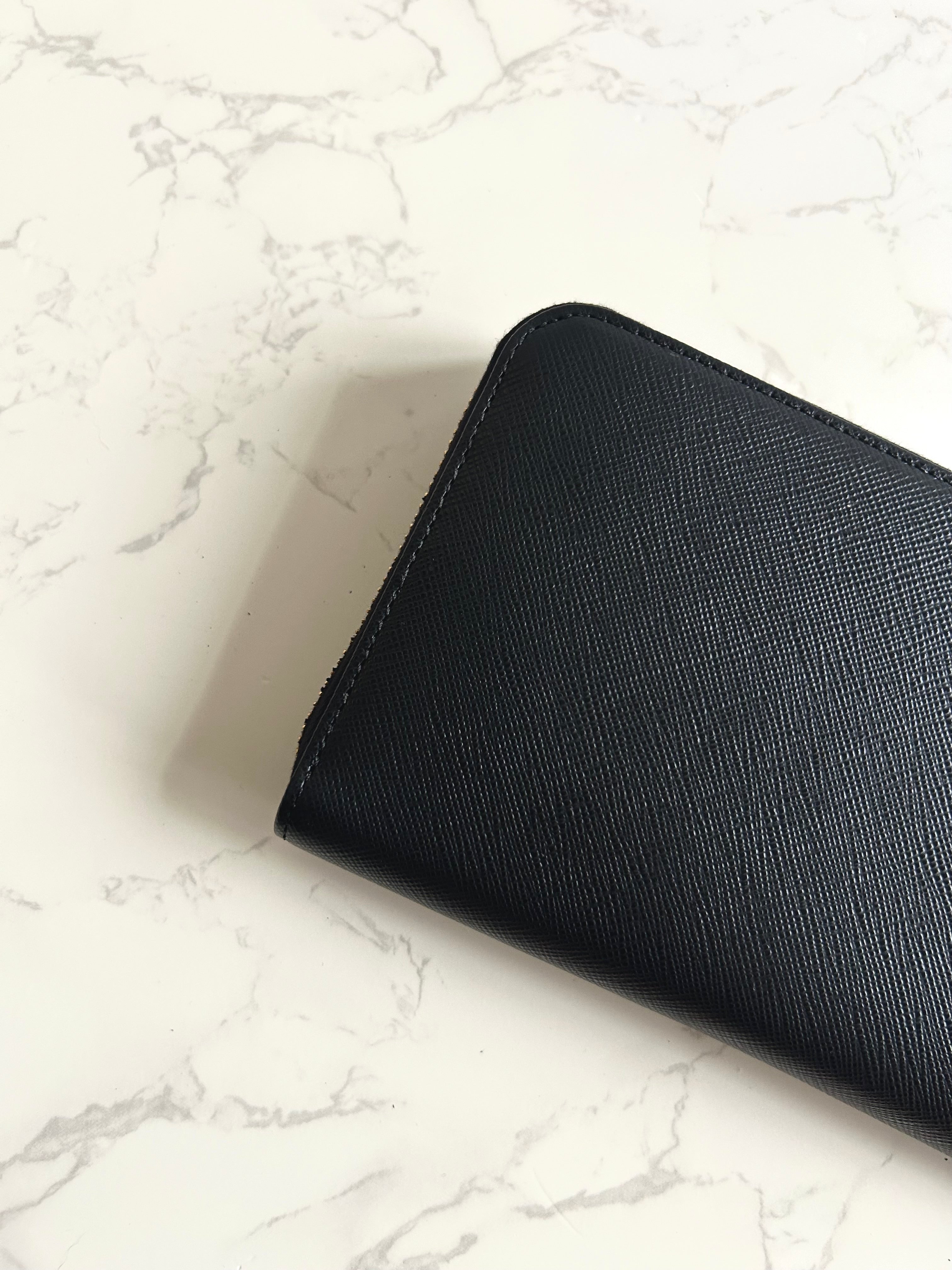 PRADA black gold triangle cowhide leather zipper long wallet/wallet/purse