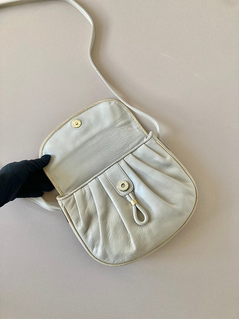 CELINE rare white gold emblem leather messenger bag / side bag / oblique bag
