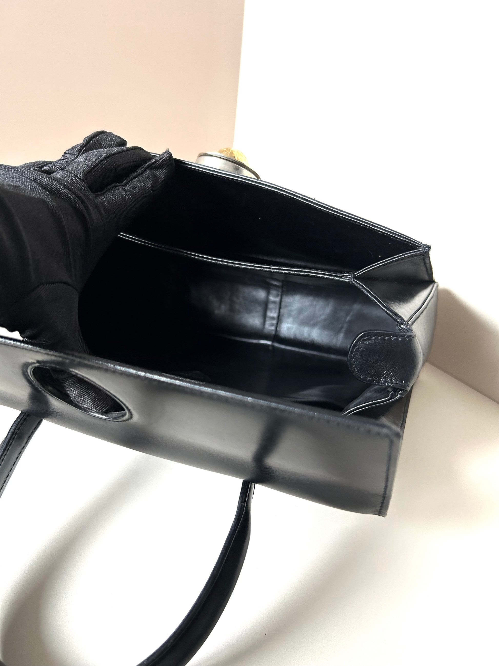 CELINE rare rotating moving gold planet black leather Kelly small bag / handbag