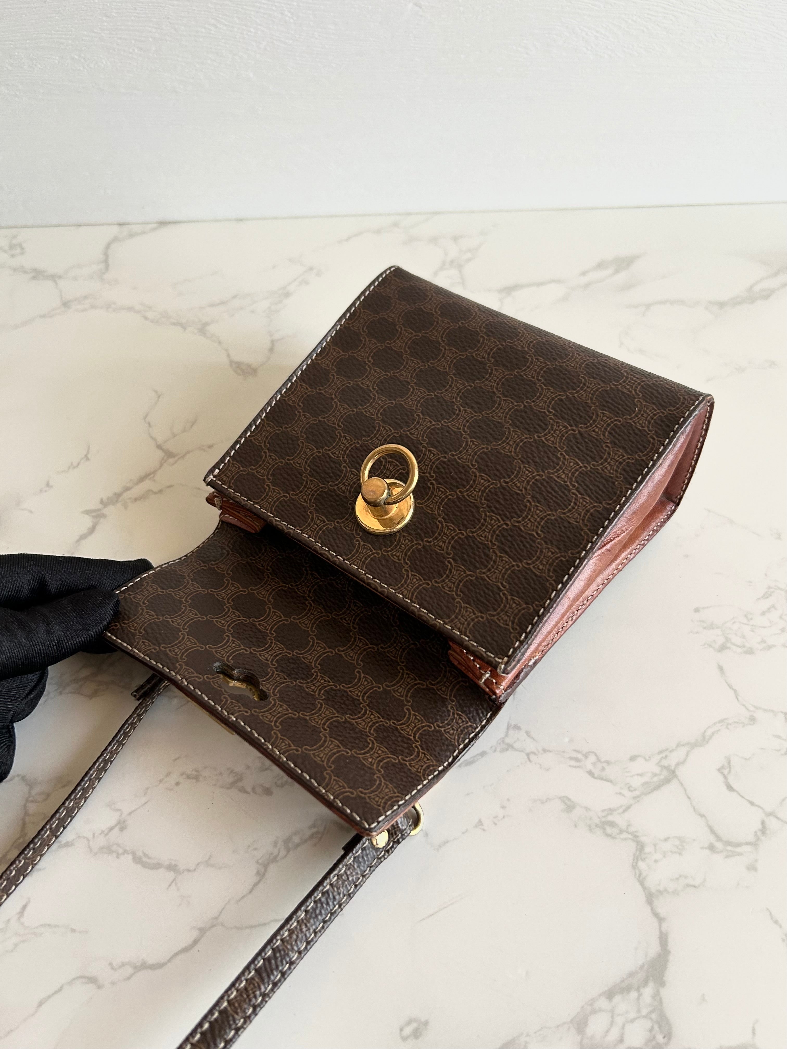 CELINE Extremely Rare Brown Triomphe Mini Kelly (with Original Triomphe Shoulder Strap) Crossbody Bag/Shoulder Bag