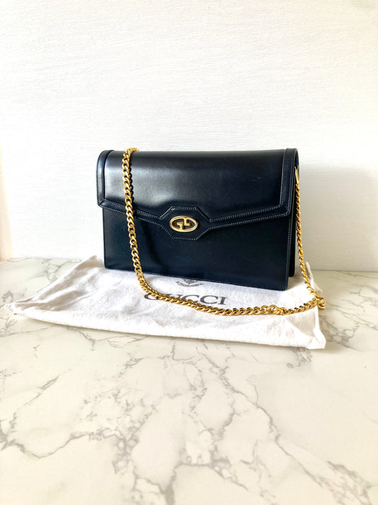 GUCCI Black x Gold Calf Leather Envelope Crossbody Chain Bag