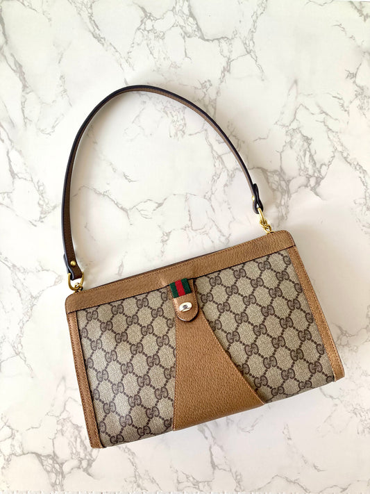 GUCCI Brown Monogram Horseshoe Two-way Shoulder Bag / Clutch