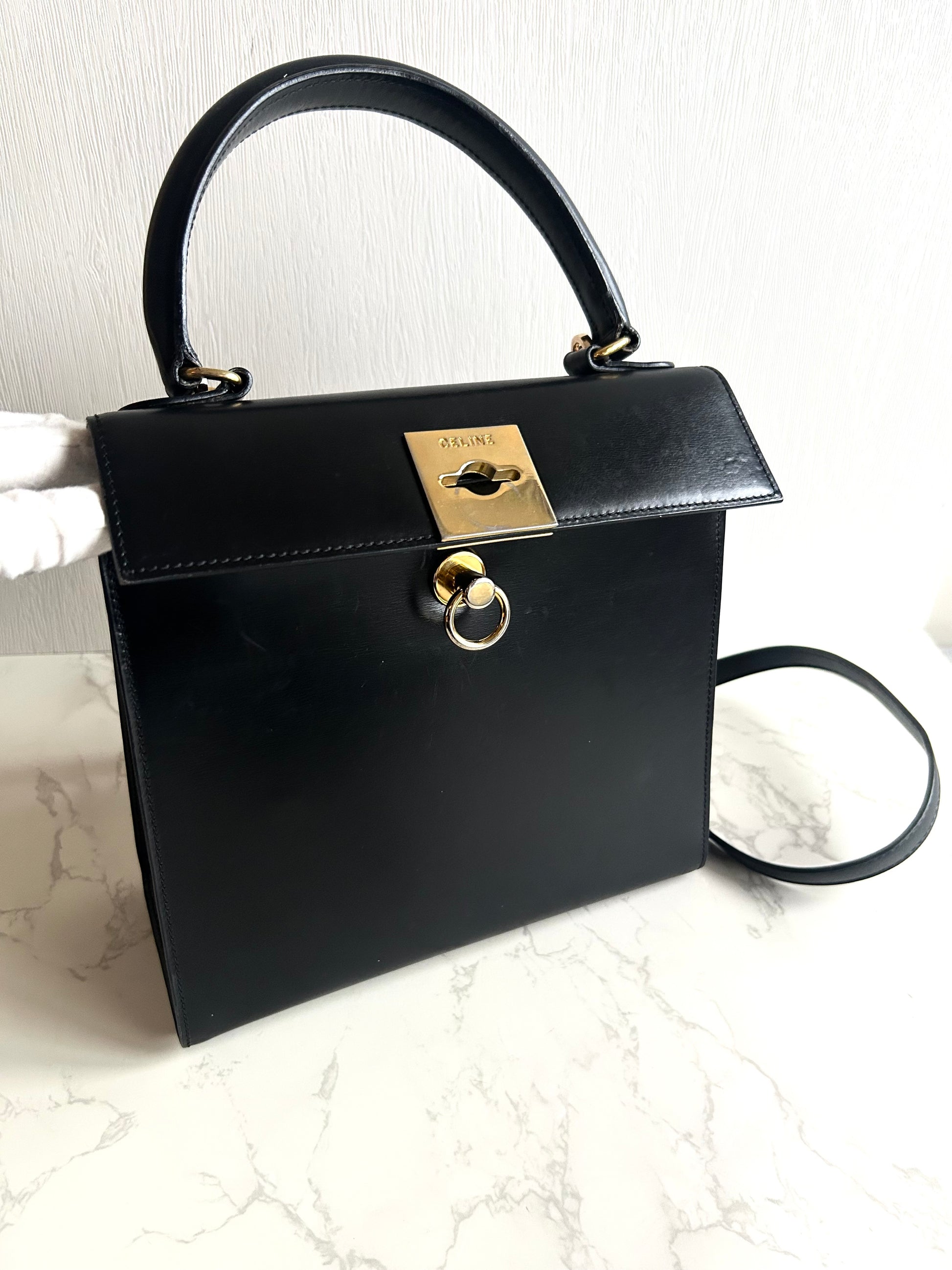 Celine 小號黑金Two-way凱莉包 皮斜背包 側背包 手提包
