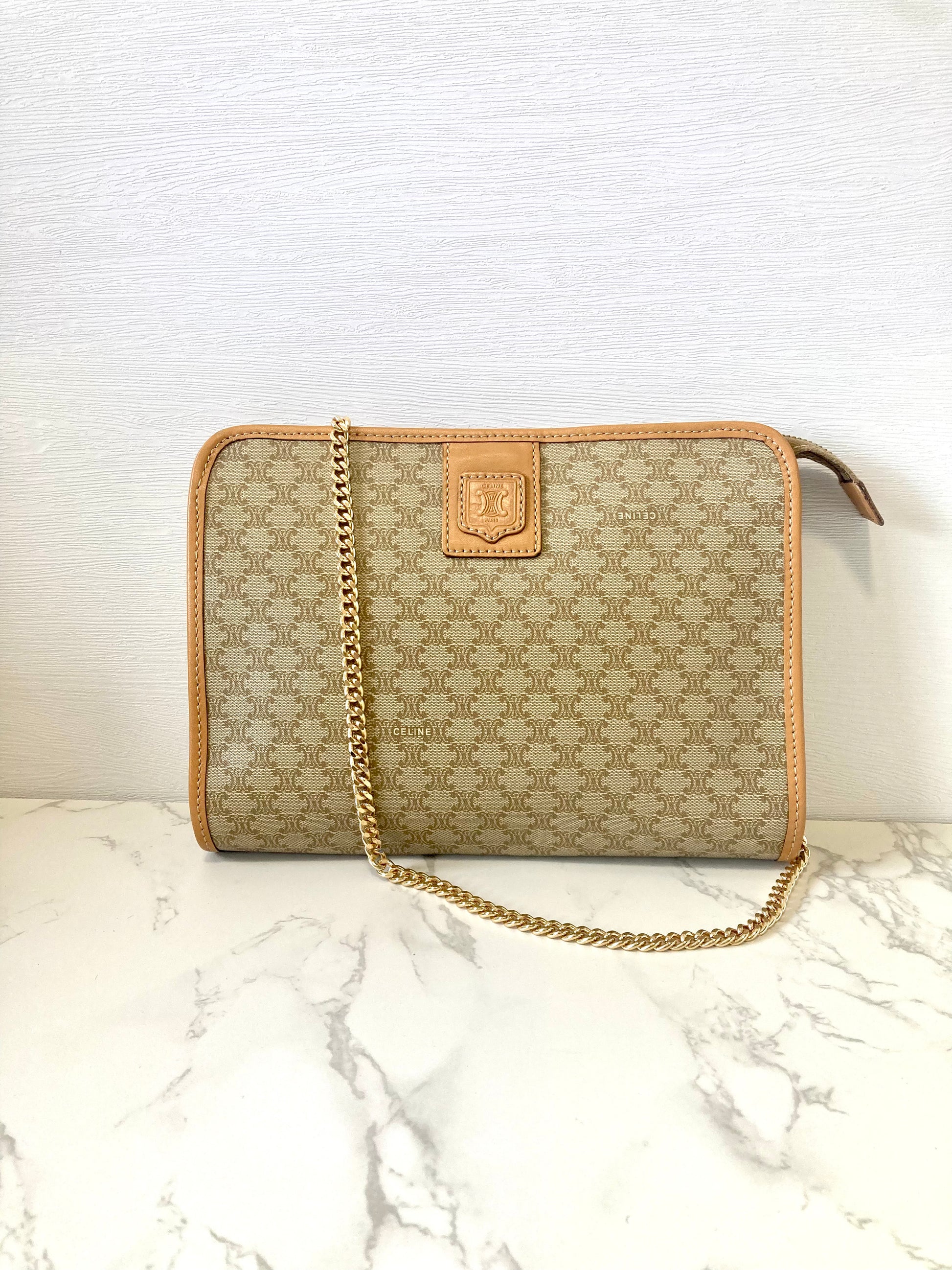 CELINE Beige Triomphe Monogram Chain Shoulder Bag