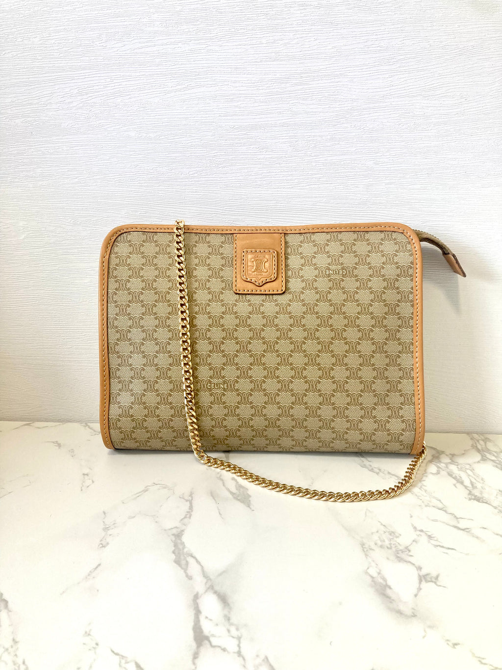 CELINE Beige Triomphe Monogram Chain Shoulder Bag