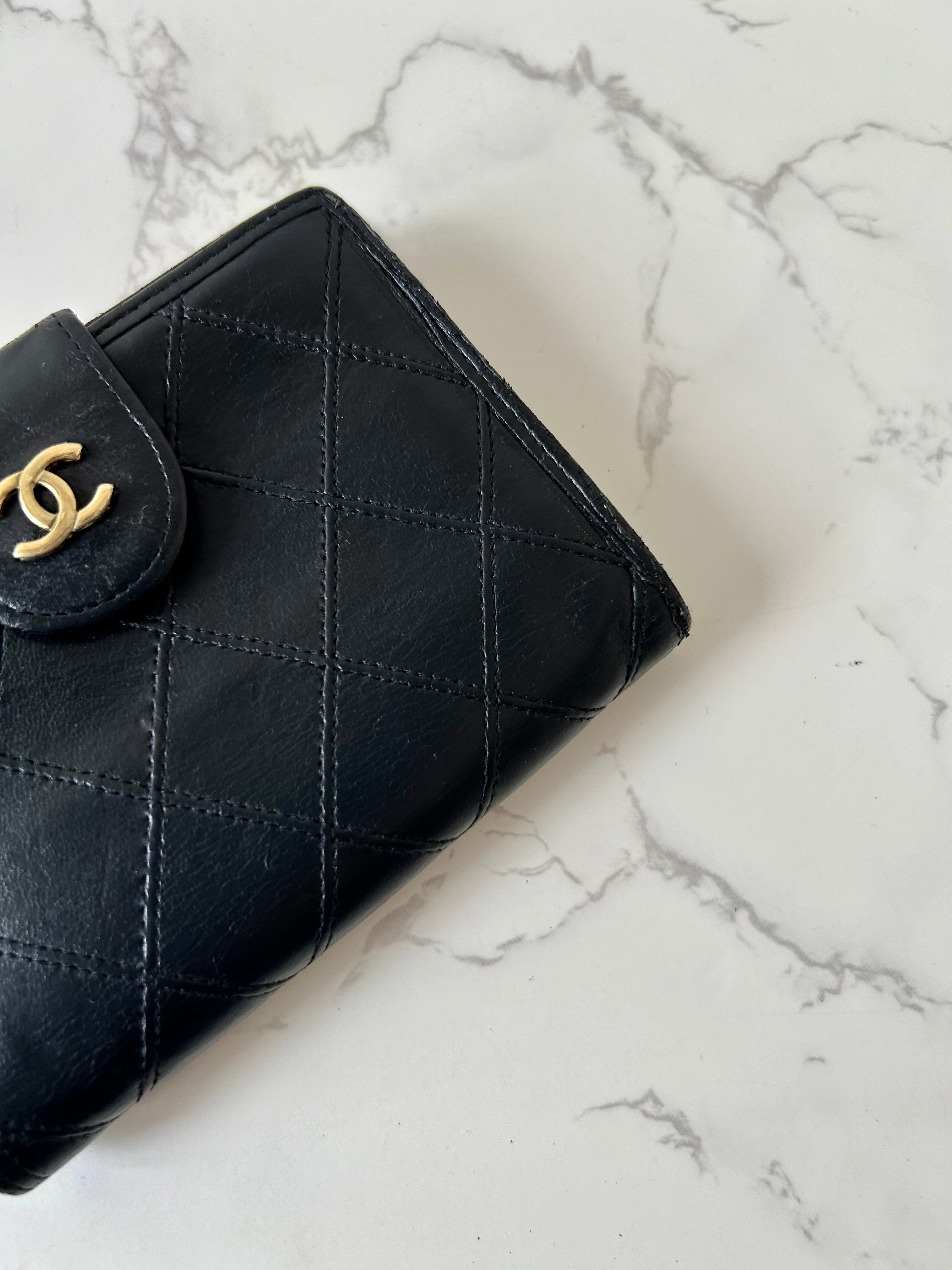 CHANEL rare black lambskin leather large gold buckle gold label short wallet / wallet