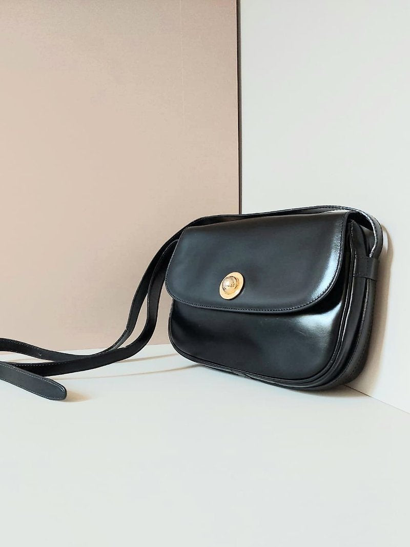 CELINE rare gold planet black leather tofu small bag / side bag / oblique bag
