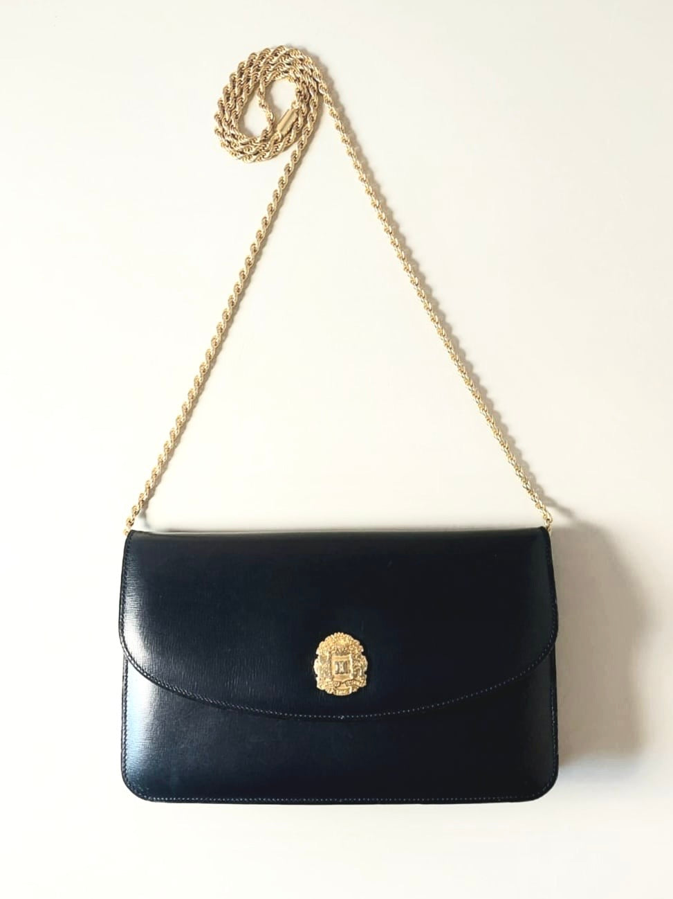 CELINE rare gold Arc de Triomphe badge dark blue leather small bag / side bag / oblique bag