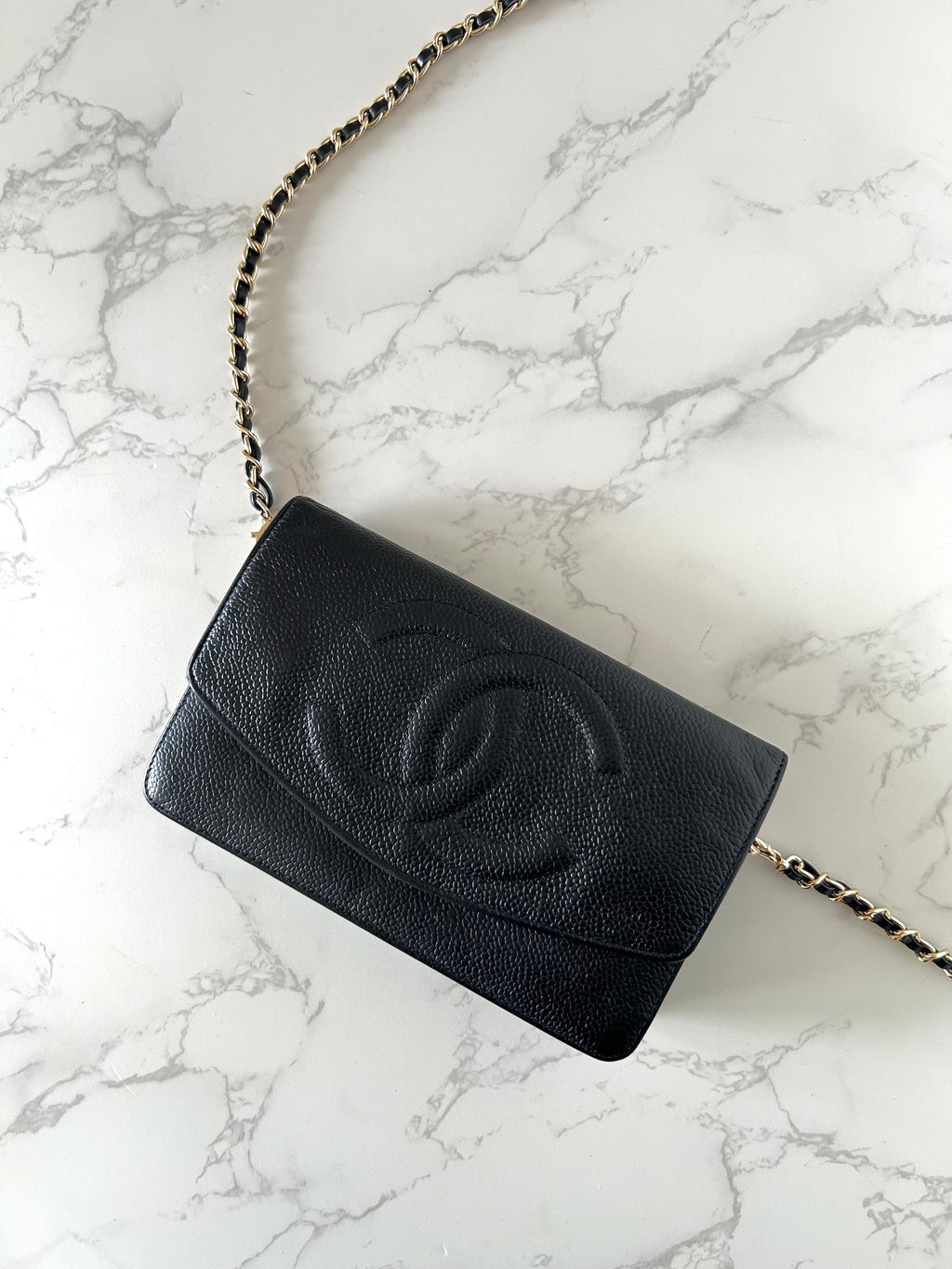 CHANEL 稀有黑色魚子醬鏈條帶WOC/側背包/斜背包