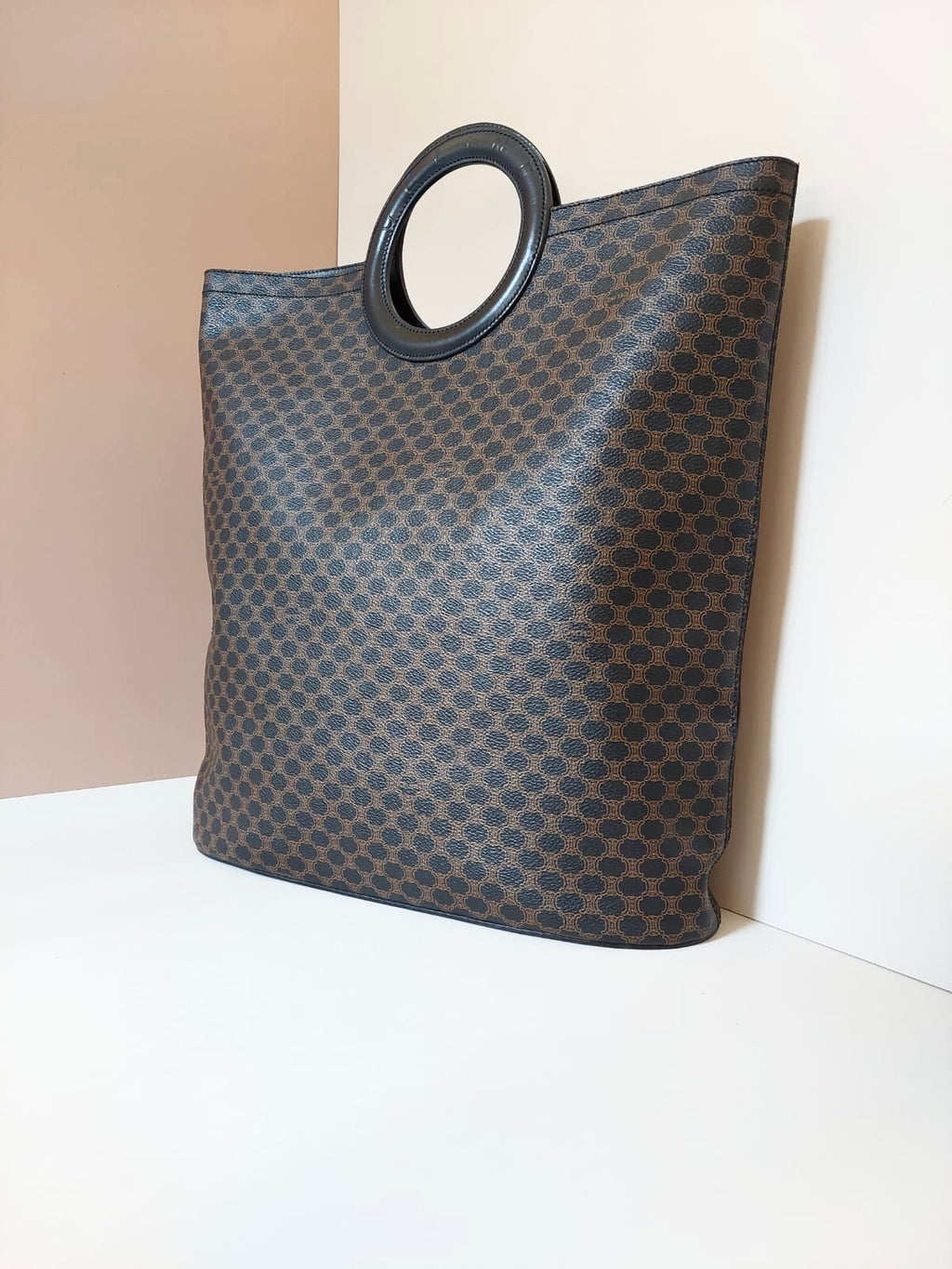 Celine large leather ring coffee color old flower tote bag / handbag